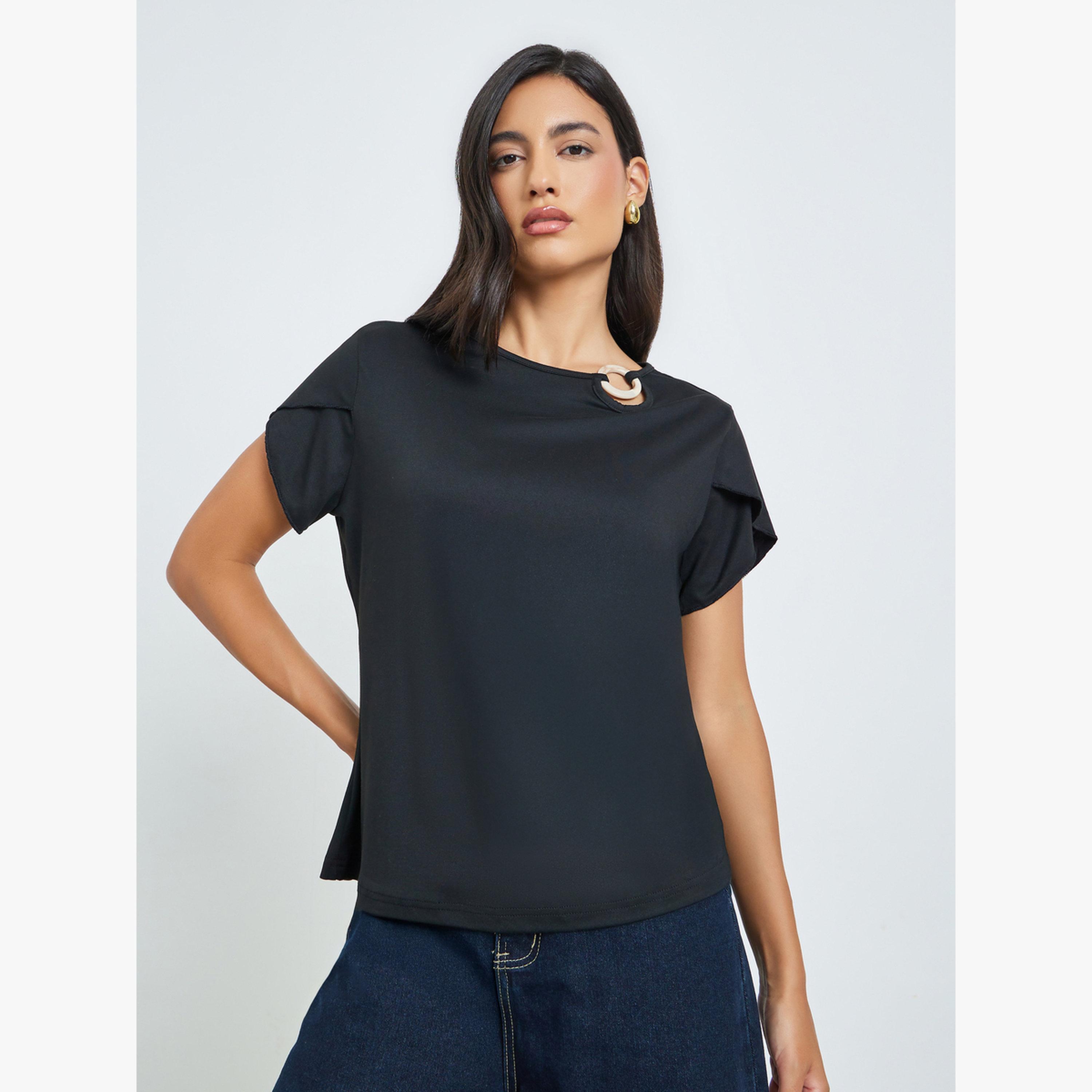 Styli Black O-Ring Detail Round Neck T-Shirt-women-clothing-tshirts-image-1