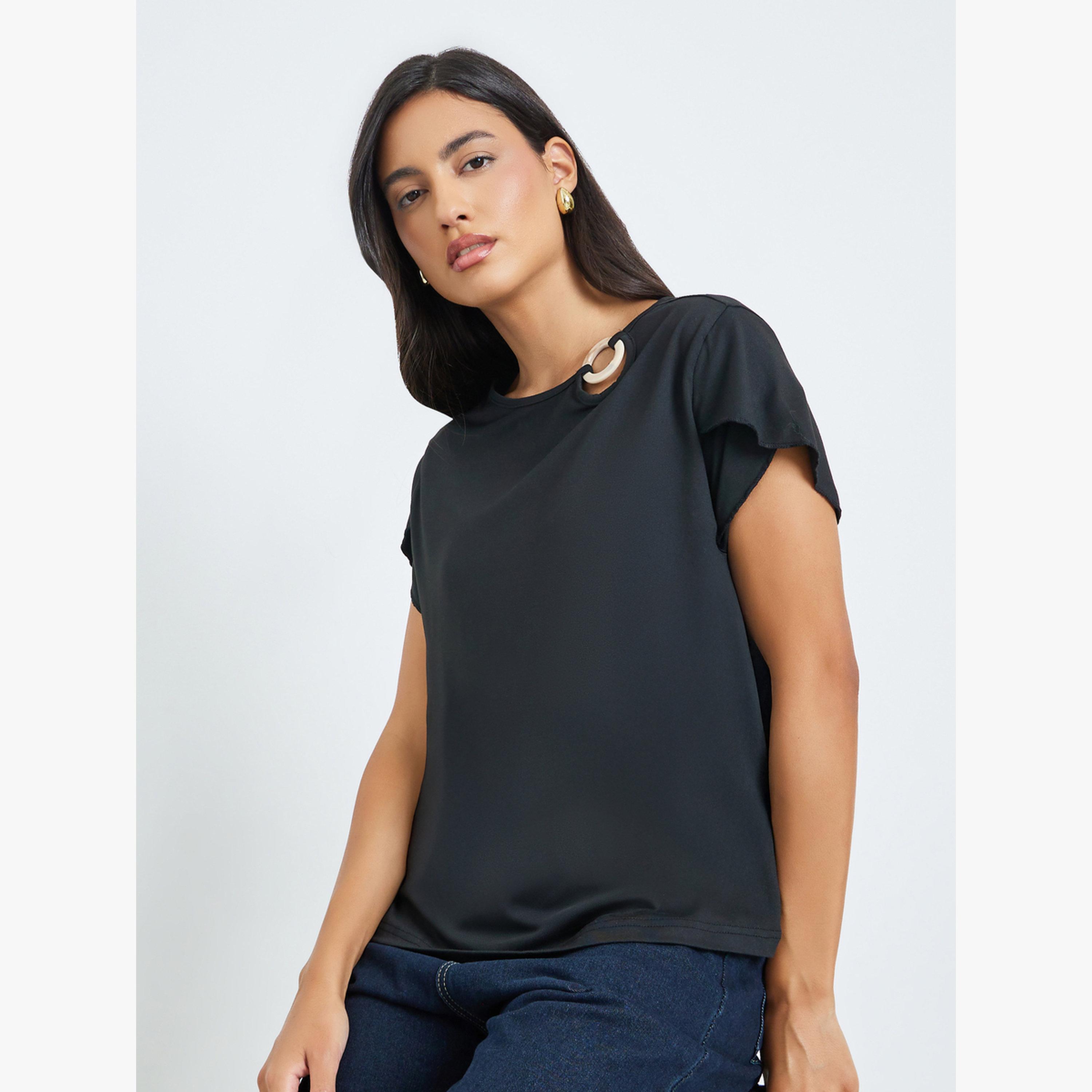 Styli Black O-Ring Detail Round Neck T-Shirt-women-clothing-tshirts-image-3