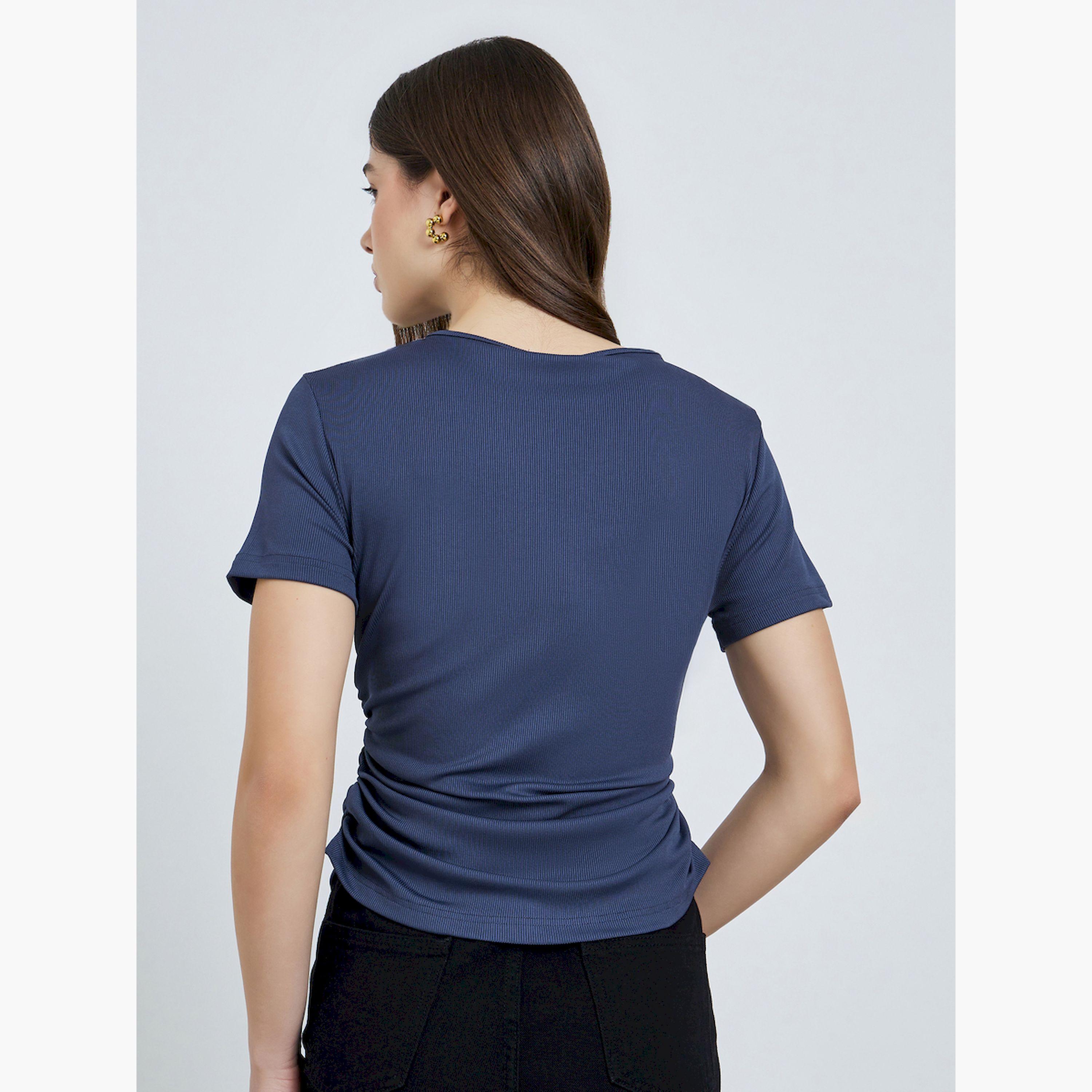 Styli Navy Blue Ribbed Asymmetric Hem T-Shirt-women-clothing-tshirts-image-4