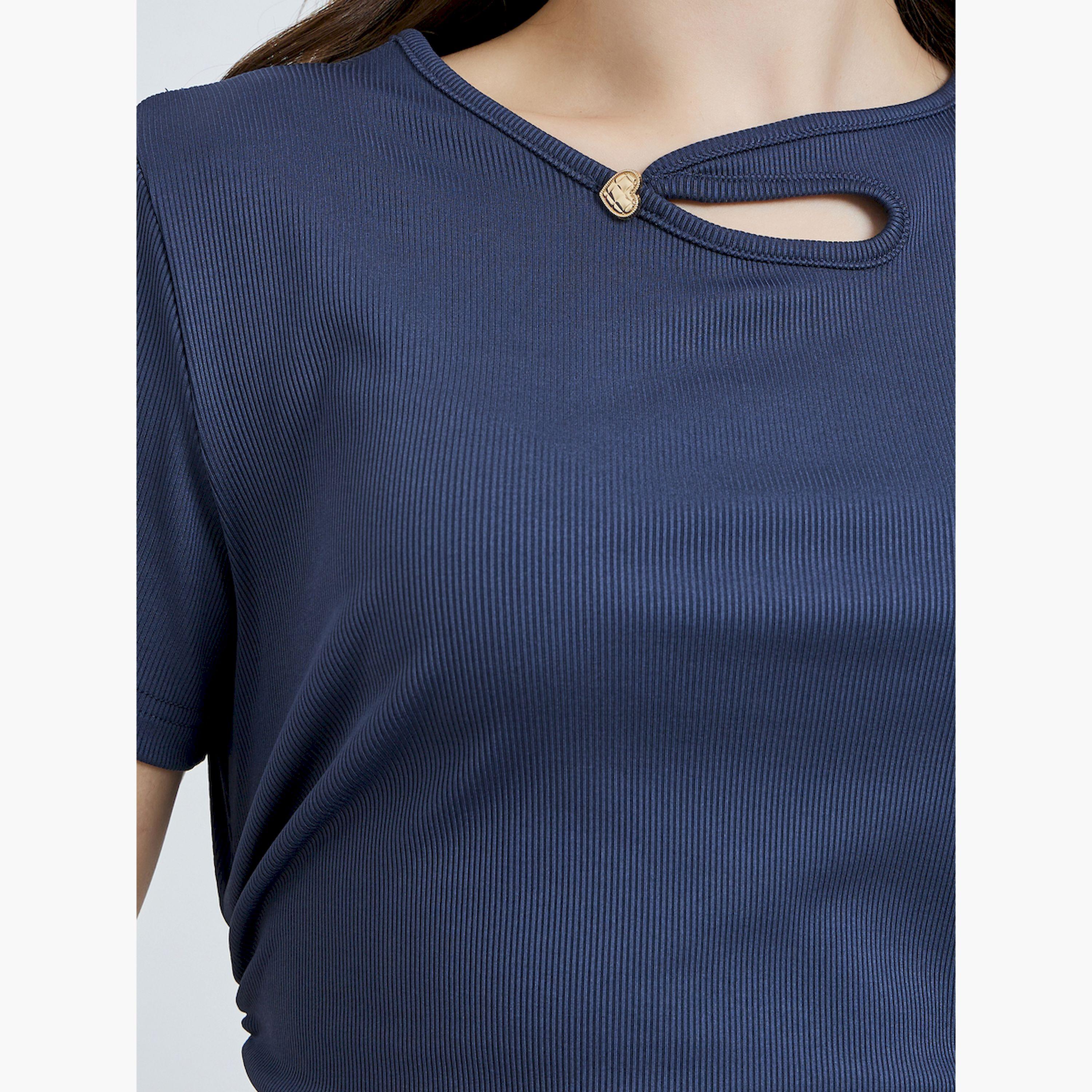 Styli Navy Blue Ribbed Asymmetric Hem T-Shirt-women-clothing-tshirts-image-6