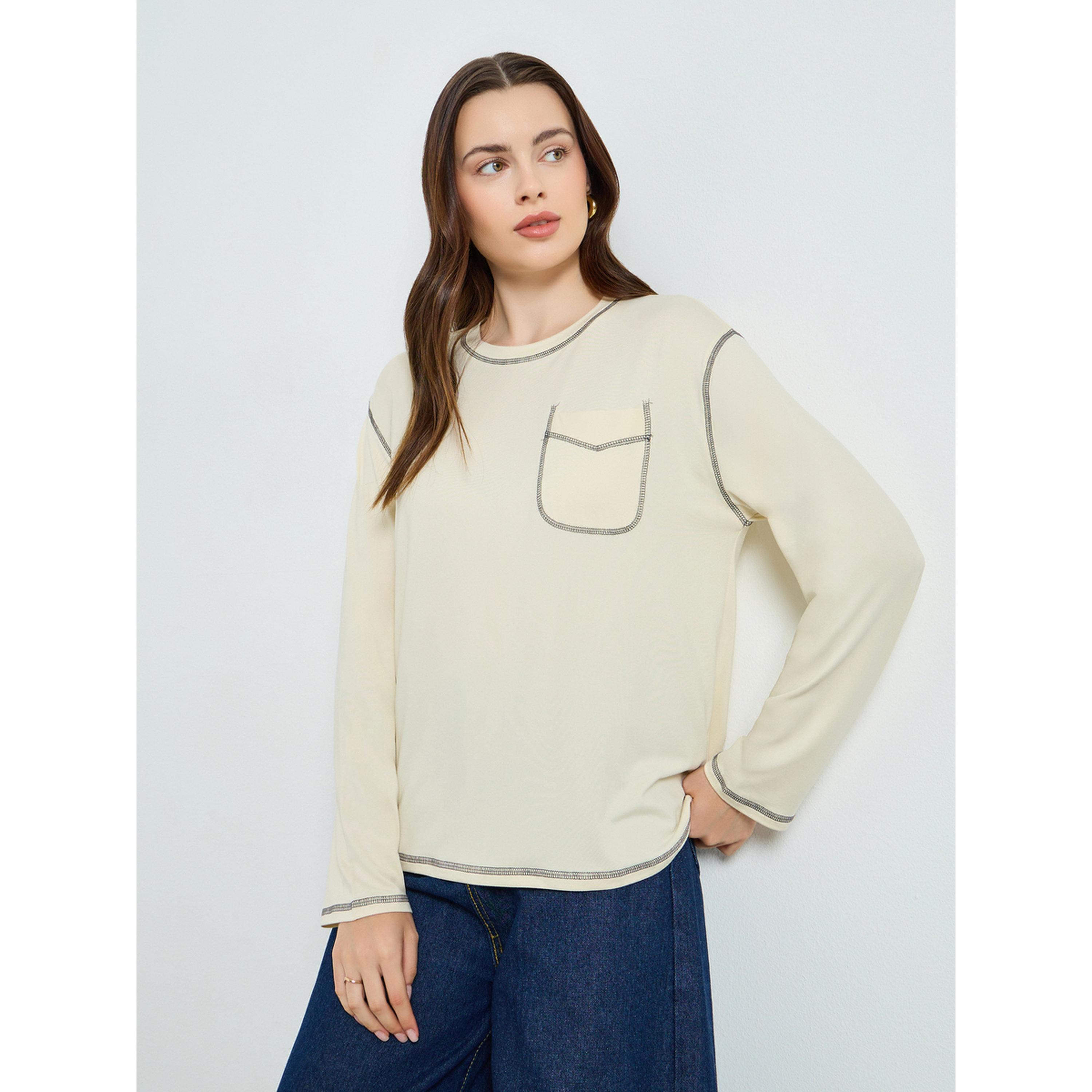 Styli Beige Long Sleeve Oversized T-Shirt with Pocket Detail-women-clothing-tshirts-image-1