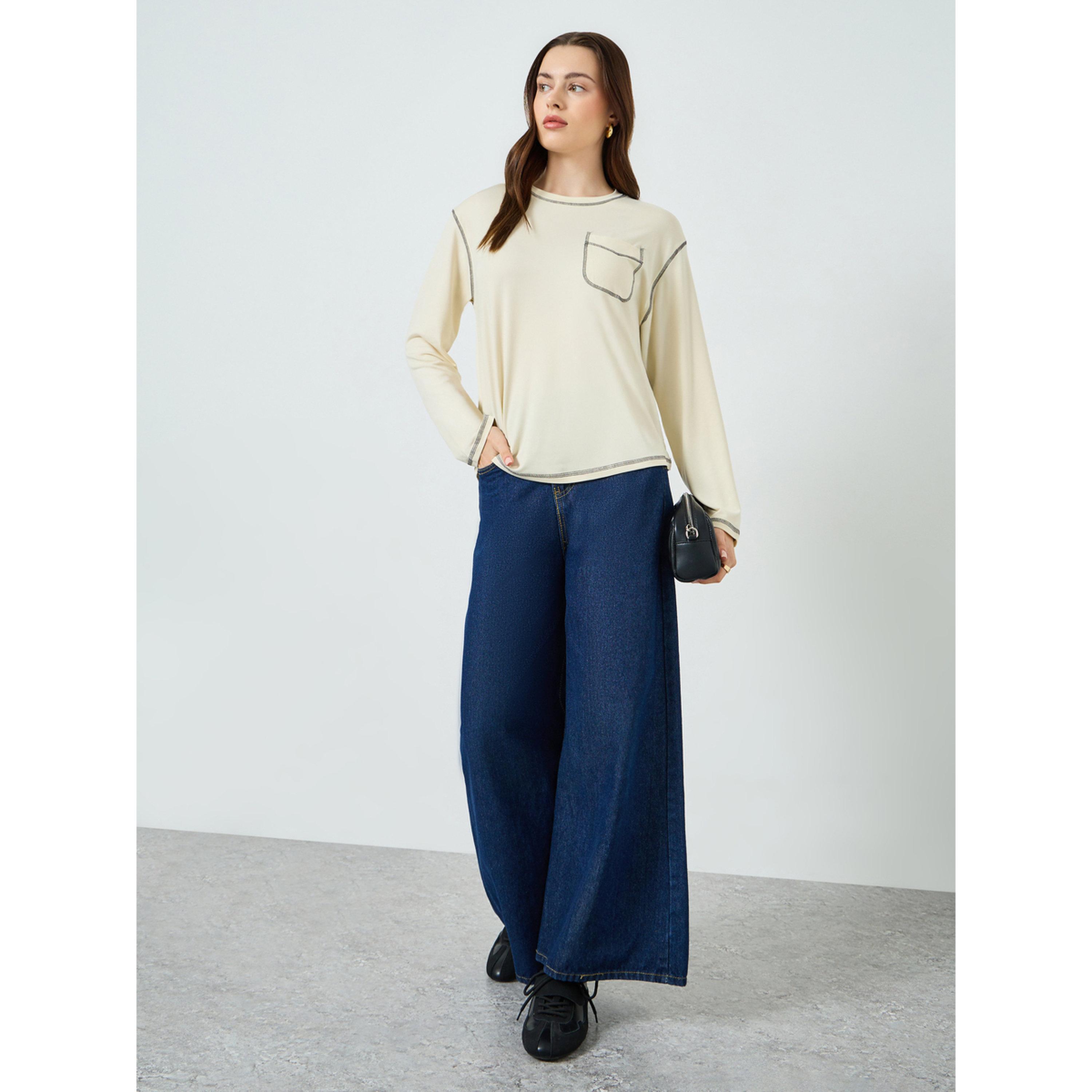 Styli Beige Long Sleeve Oversized T-Shirt with Pocket Detail-women-clothing-tshirts-image-2