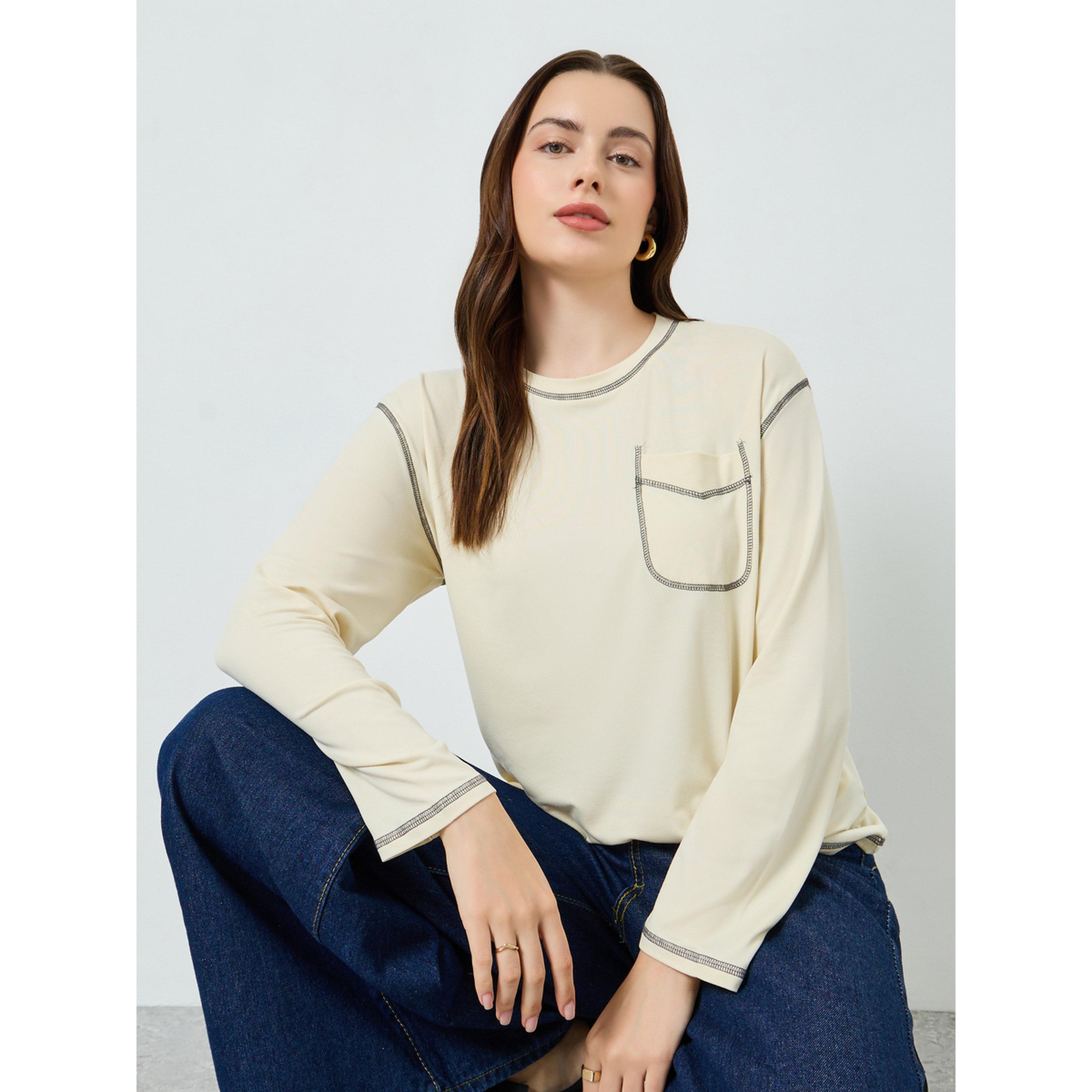 Styli Beige Long Sleeve Oversized T-Shirt with Pocket Detail-women-clothing-tshirts-image-3
