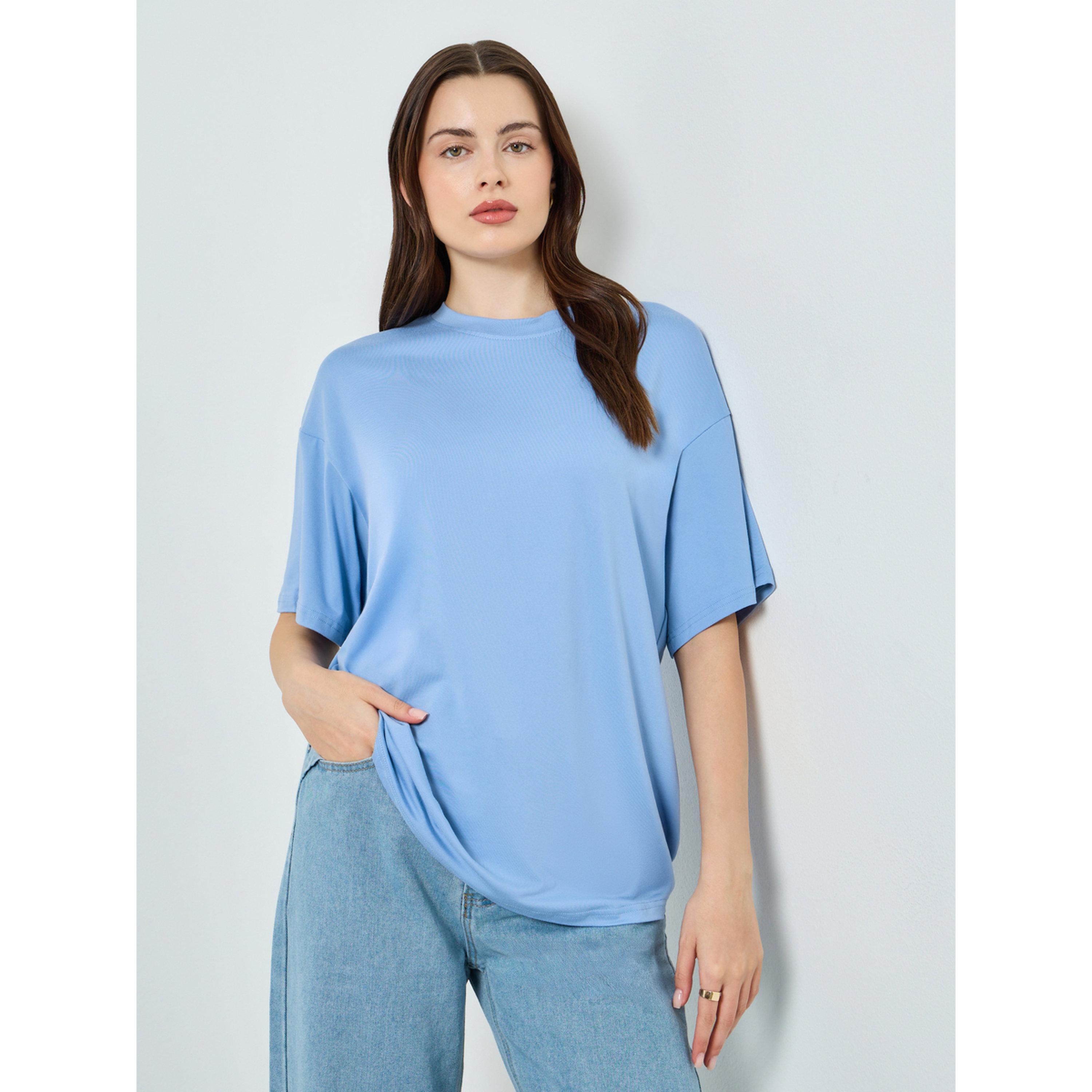 Styli Women Blue Solid Oversized T-Shirt-women-clothing-tshirts-image-1