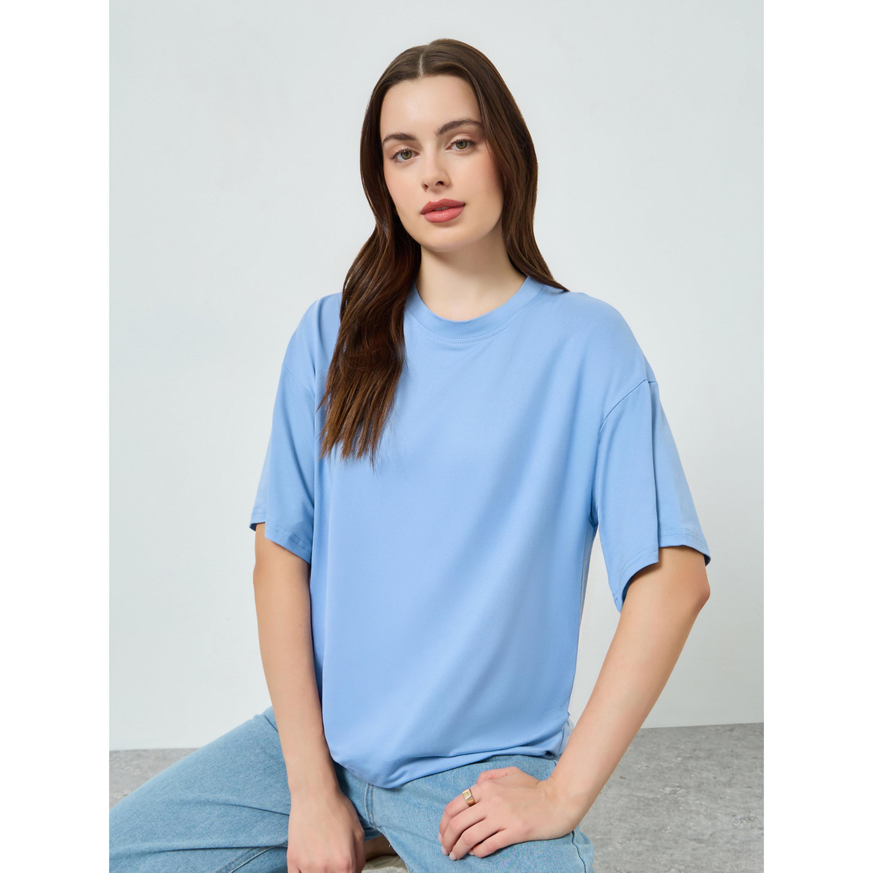 Styli Women Blue Solid Oversized T-Shirt-women-clothing-tshirts-image-3