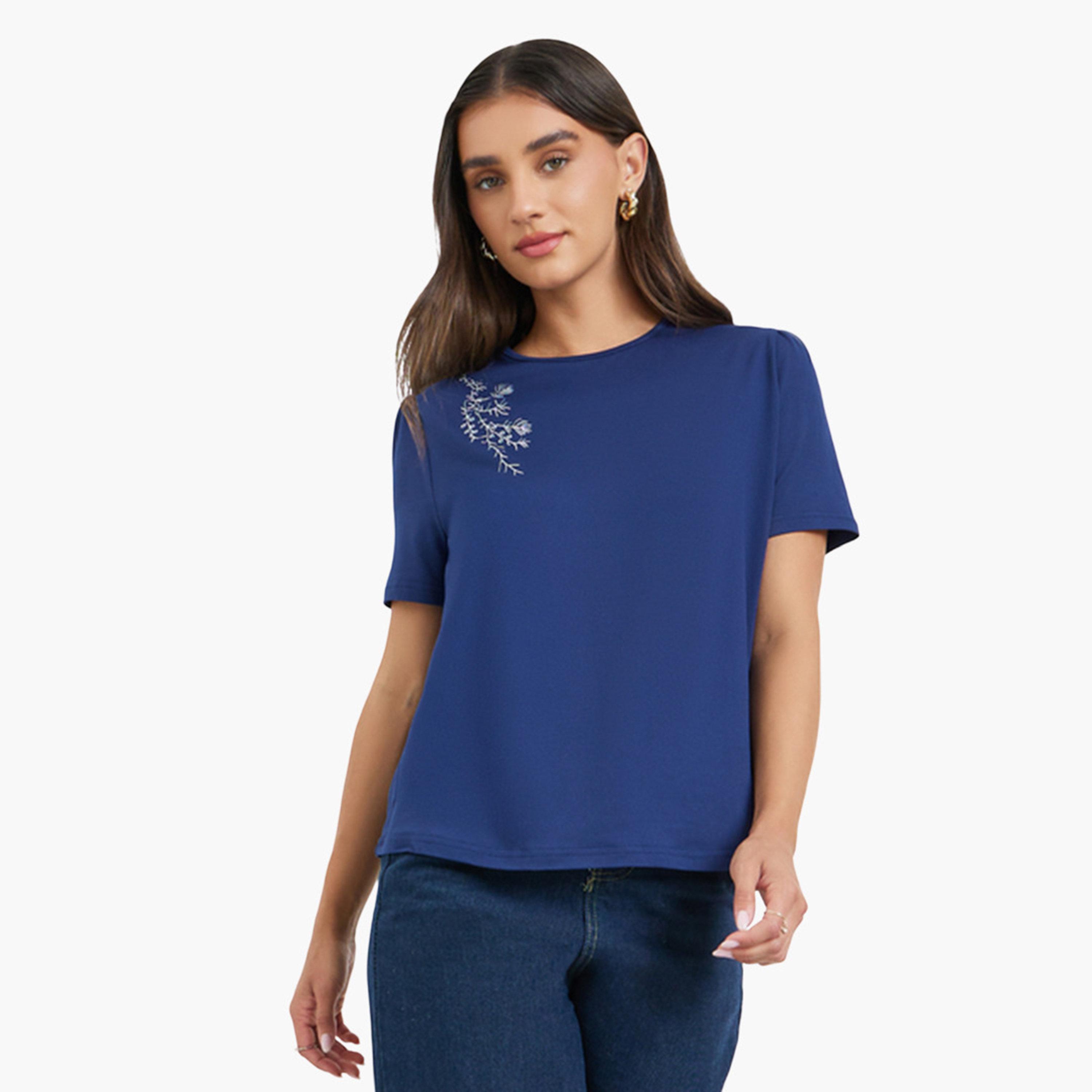 Styli Women Navy Blue Embroidered Oversized T-Shirt-women-clothing-tshirts-image-1