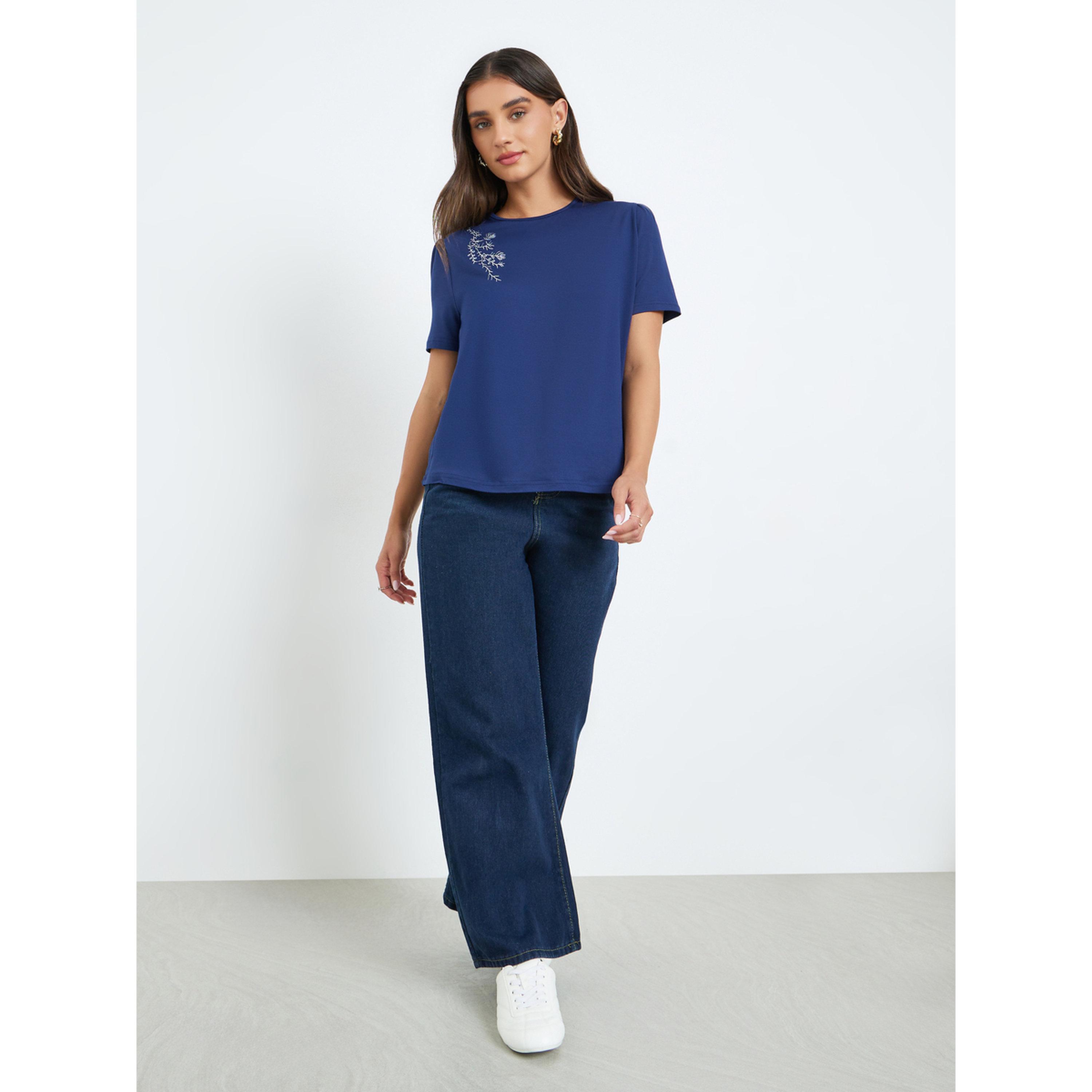 Styli Women Navy Blue Embroidered Oversized T-Shirt-women-clothing-tshirts-image-2