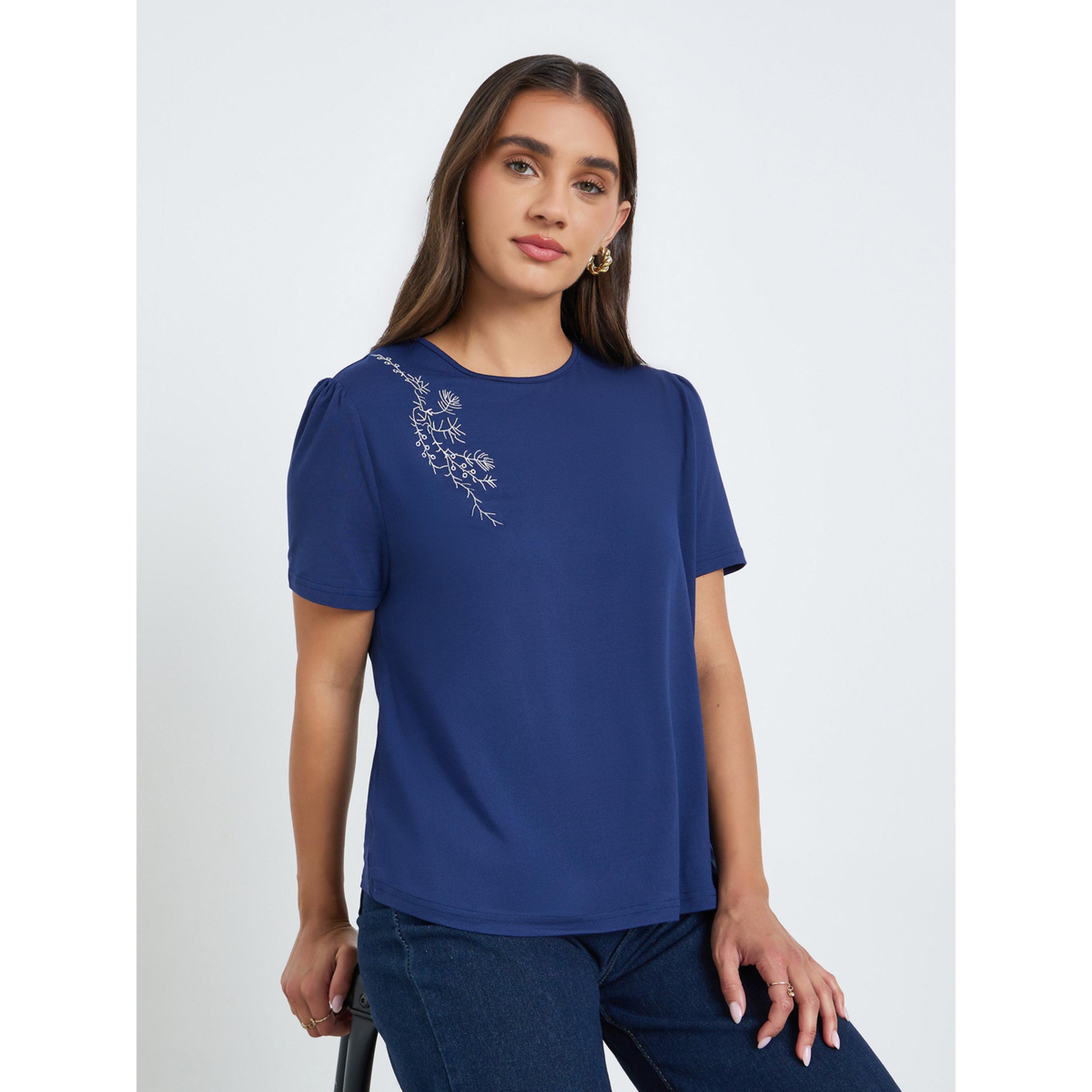 Styli Women Navy Blue Embroidered Oversized T-Shirt-women-clothing-tshirts-image-3