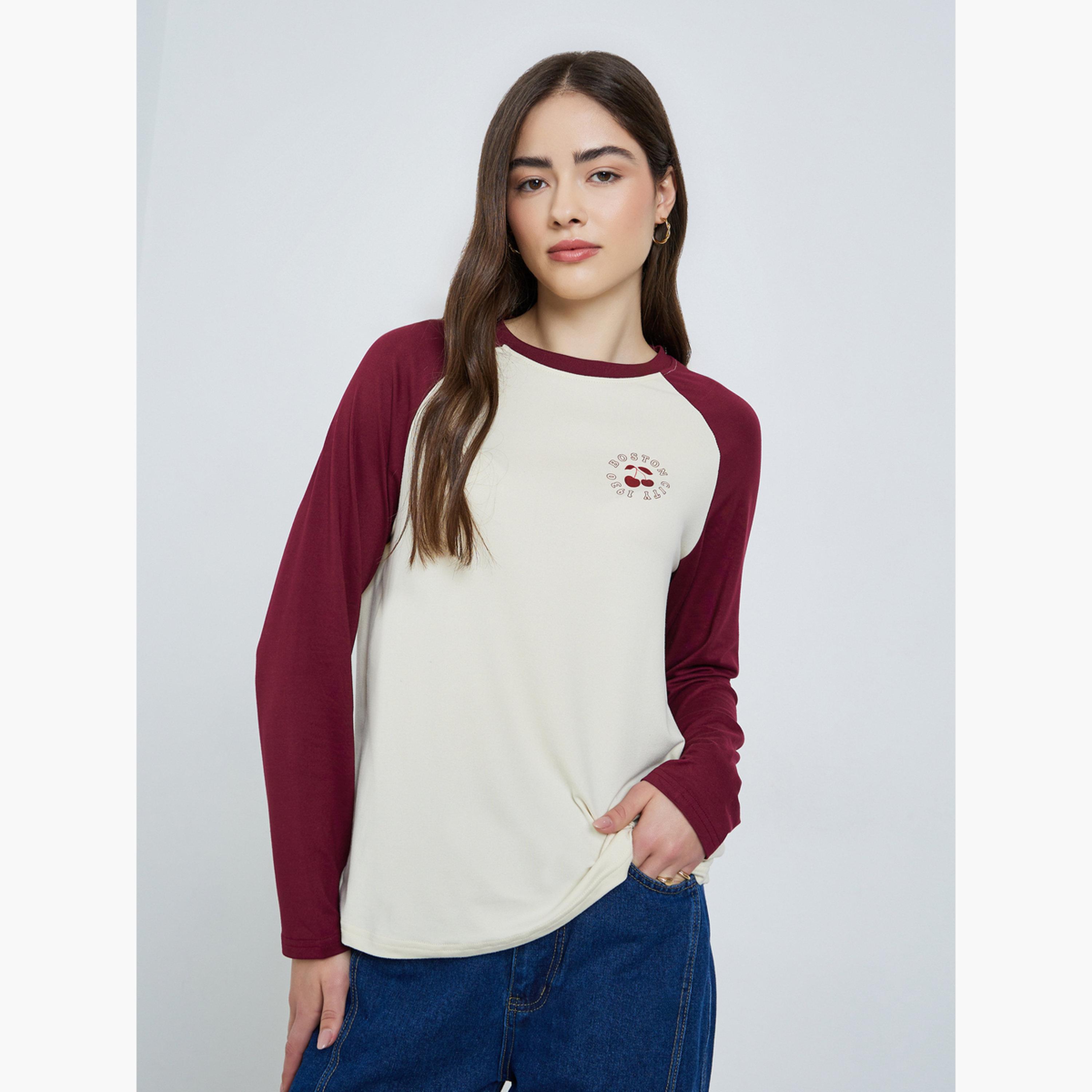 تيشيرت بأكمام ريجلان ونمط كتل الألوان-women-clothing-tshirts-image-1