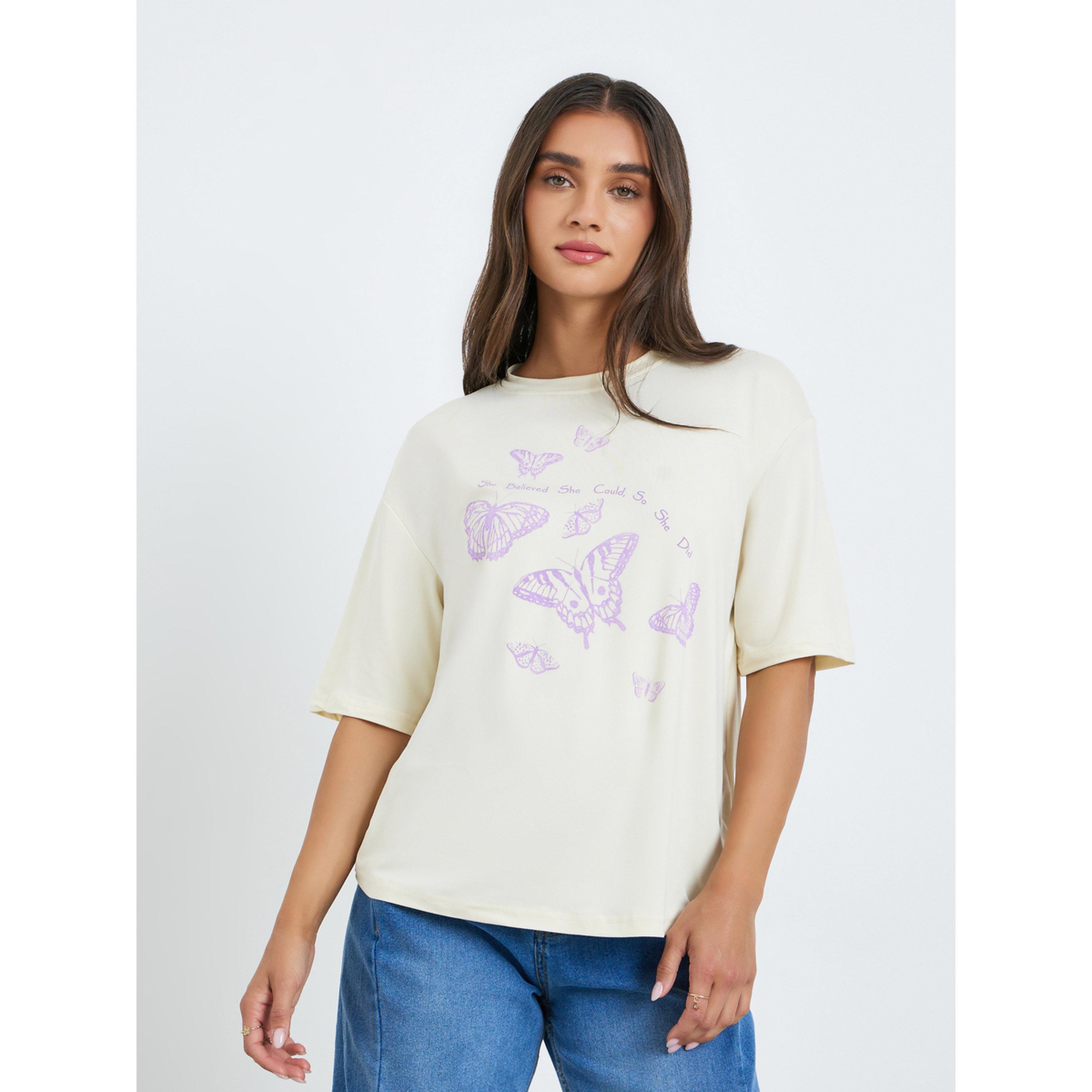 Styli Women Beige Graphic Butterfly T-Shirt-women-clothing-tshirts-image-1