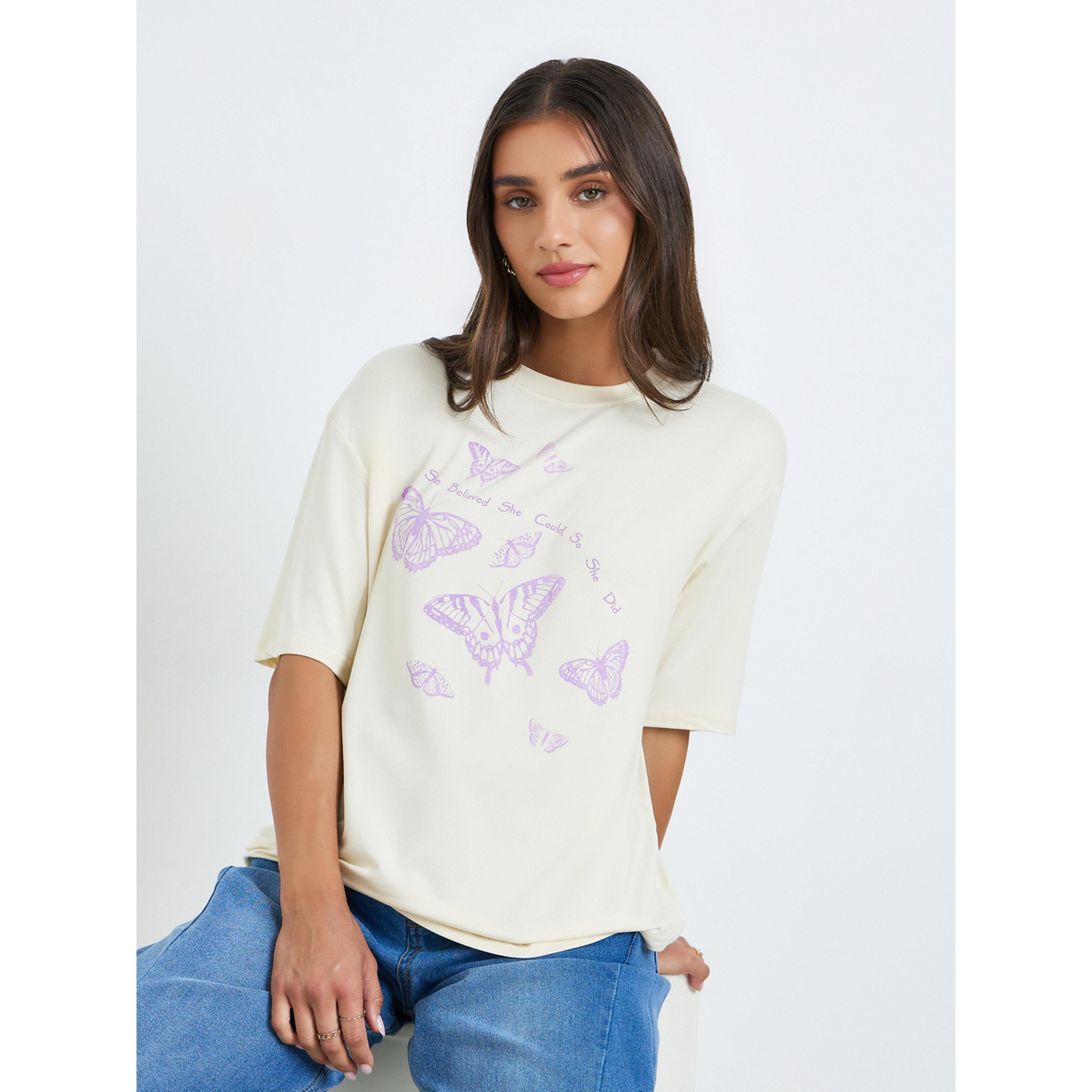 Styli Women Beige Graphic Butterfly T-Shirt-women-clothing-tshirts-image-3