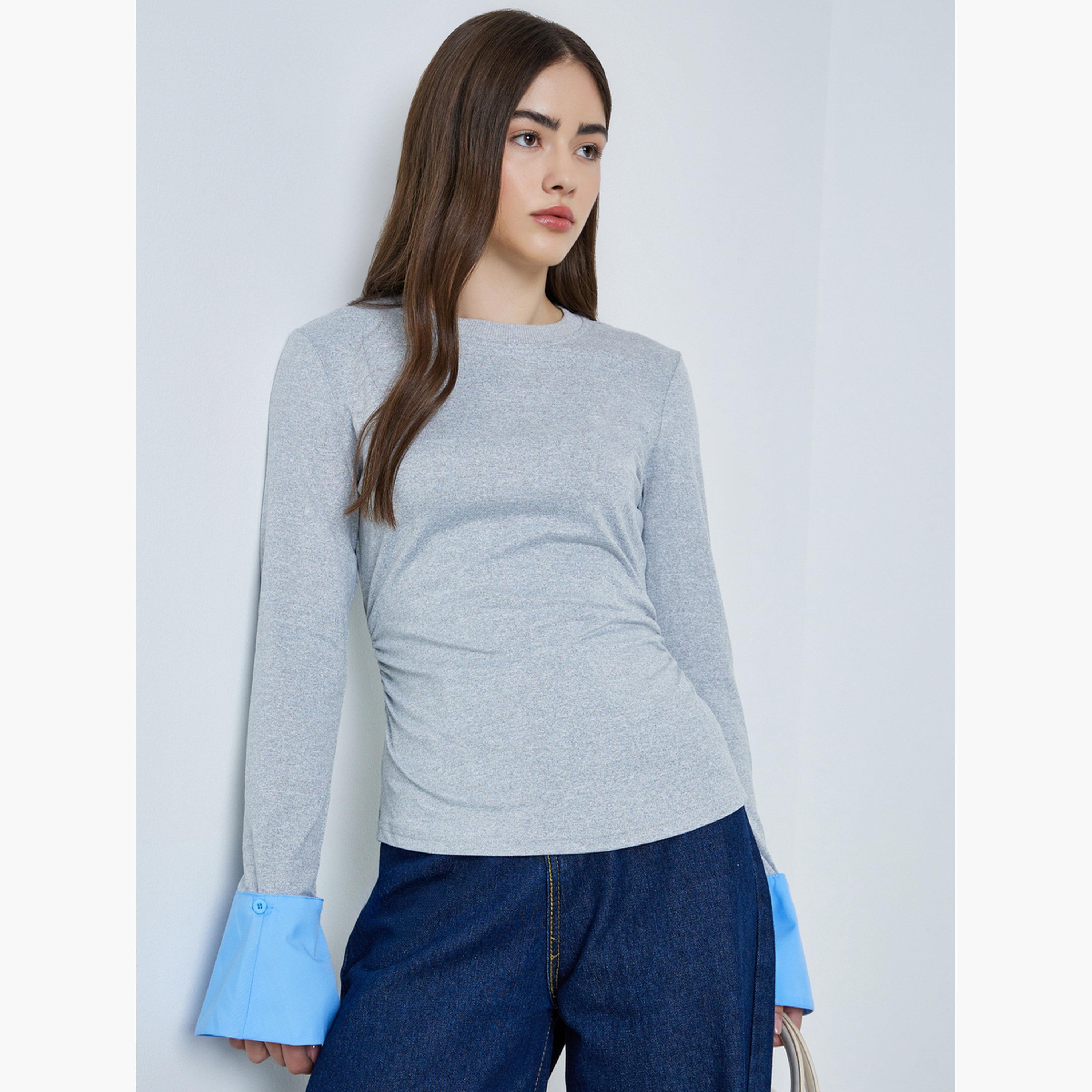 Styli Grey Fitted Knit Top with Detachable Sleeves-women-clothing-tshirts-image-1