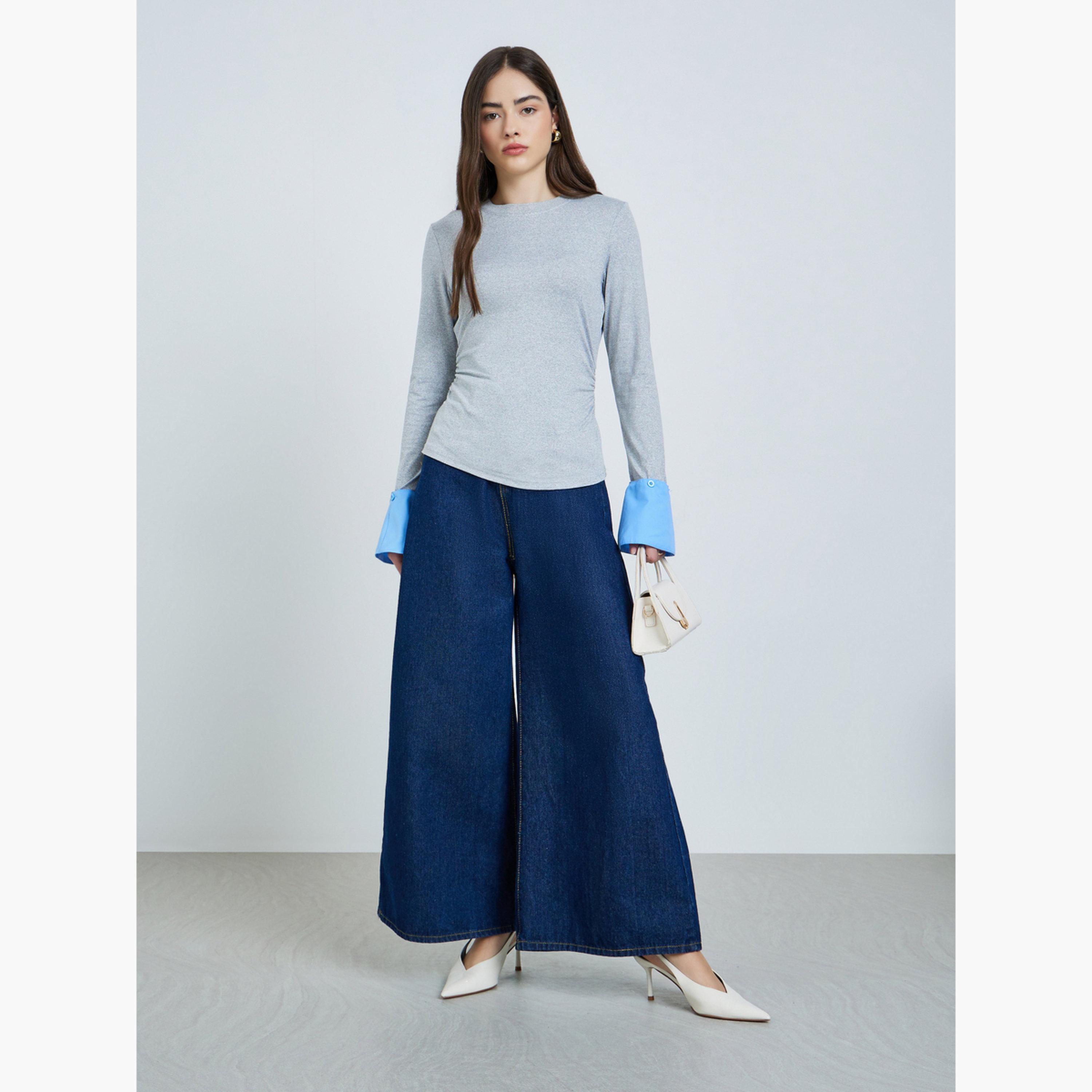 Styli Grey Fitted Knit Top with Detachable Sleeves-women-clothing-tshirts-image-2