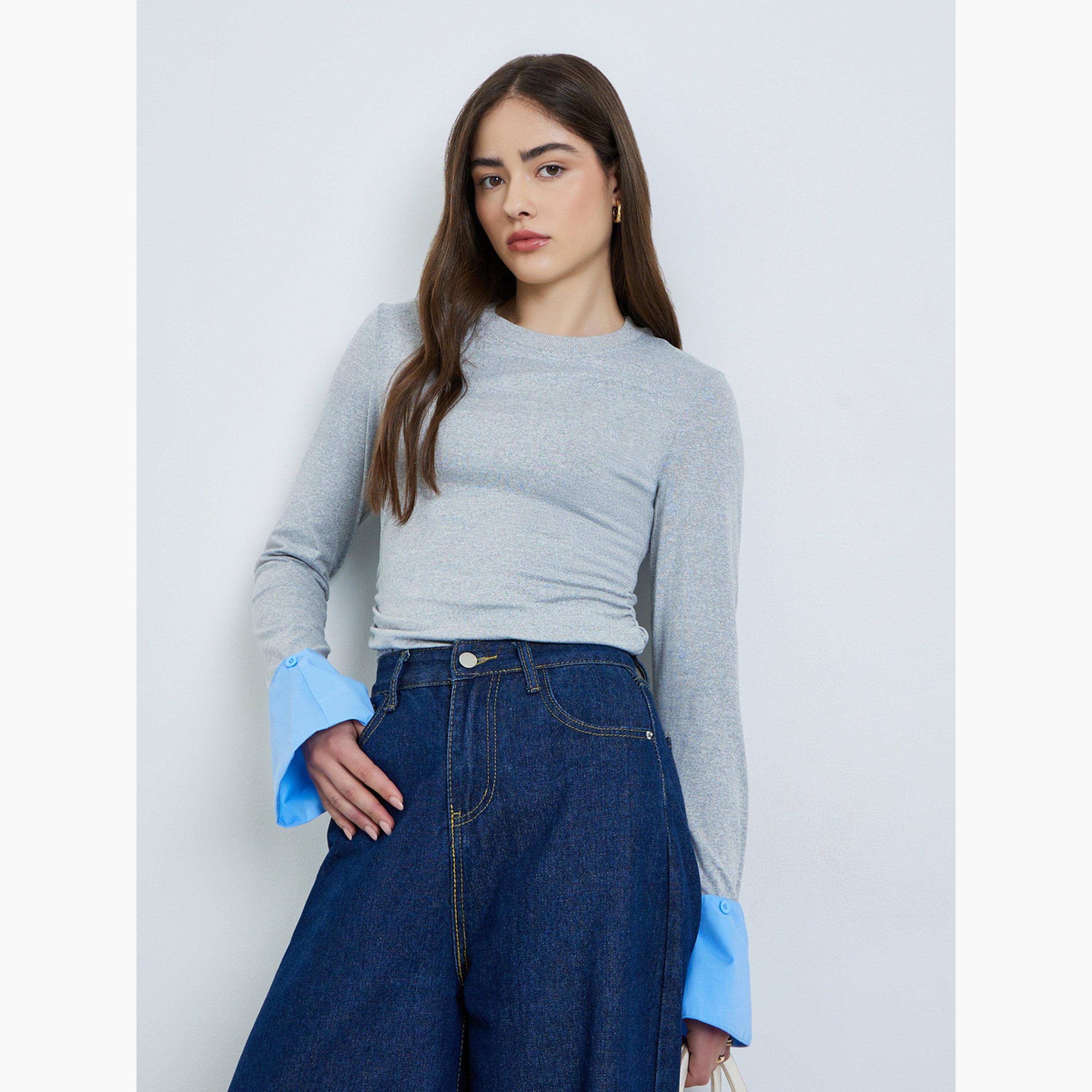 Styli Grey Fitted Knit Top with Detachable Sleeves-women-clothing-tshirts-image-3