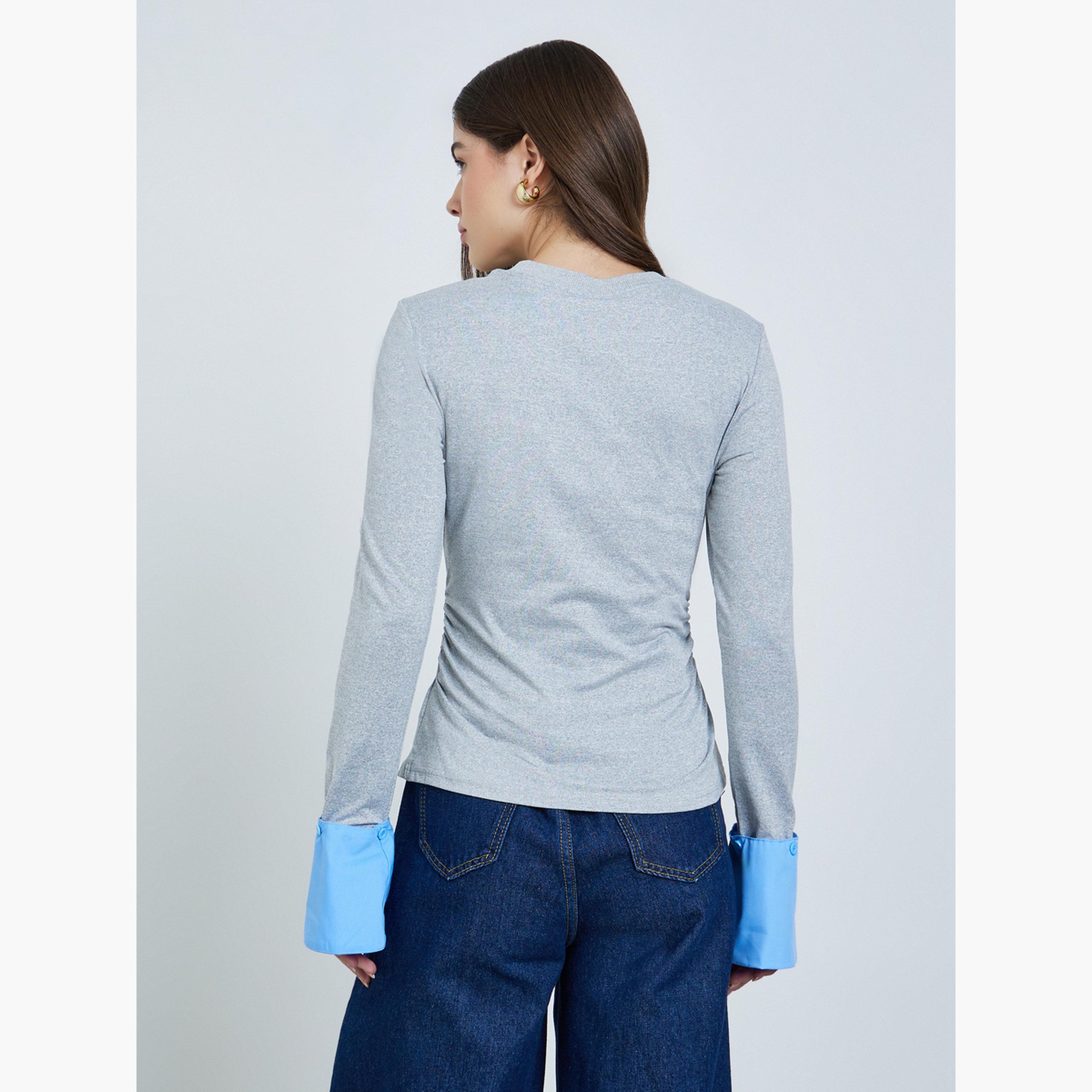Styli Grey Fitted Knit Top with Detachable Sleeves-women-clothing-tshirts-image-5