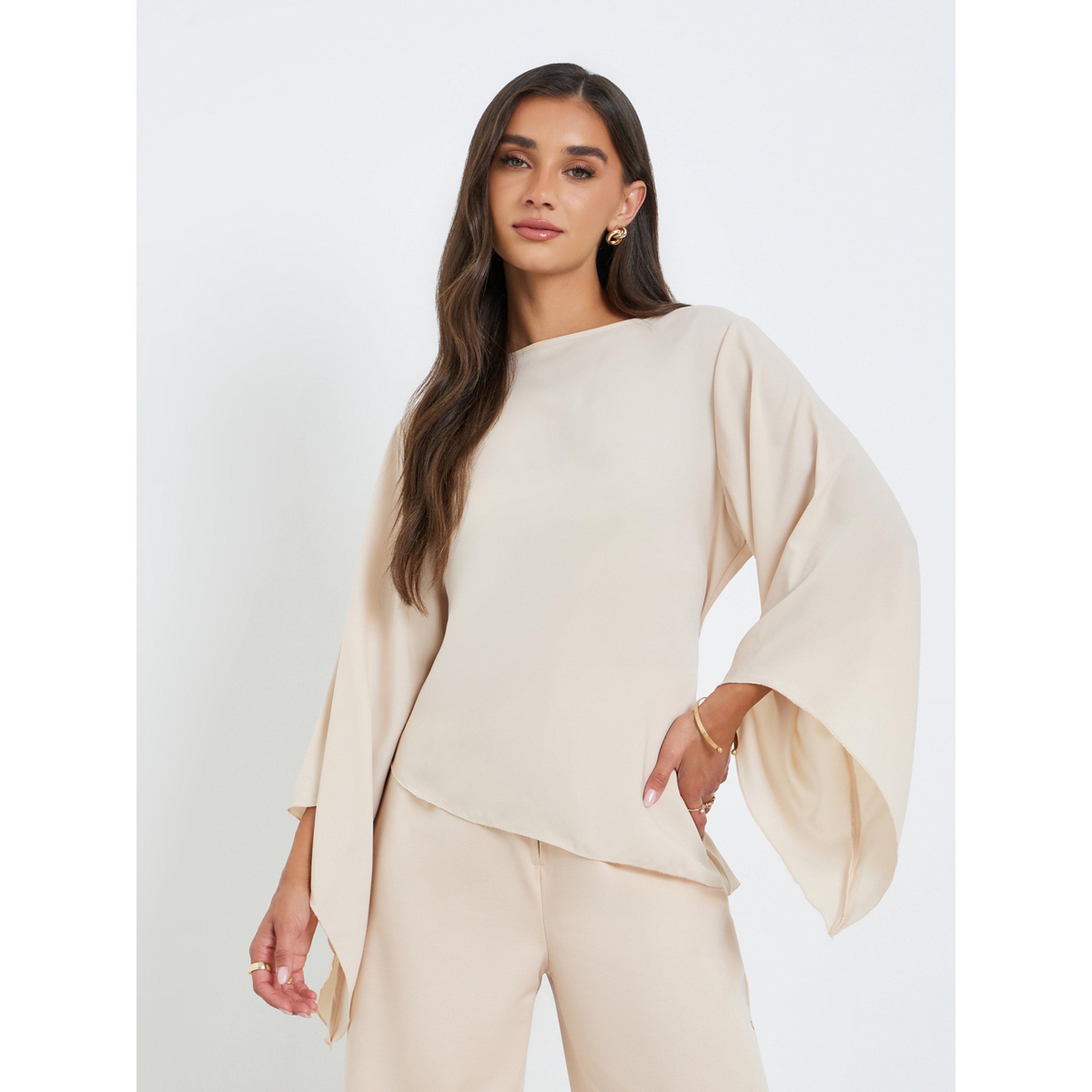 Styli Women Beige Batwing Sleeve Asymmetric Hem Blouse-women-clothing-shirtsandblouses-blouses-image-1