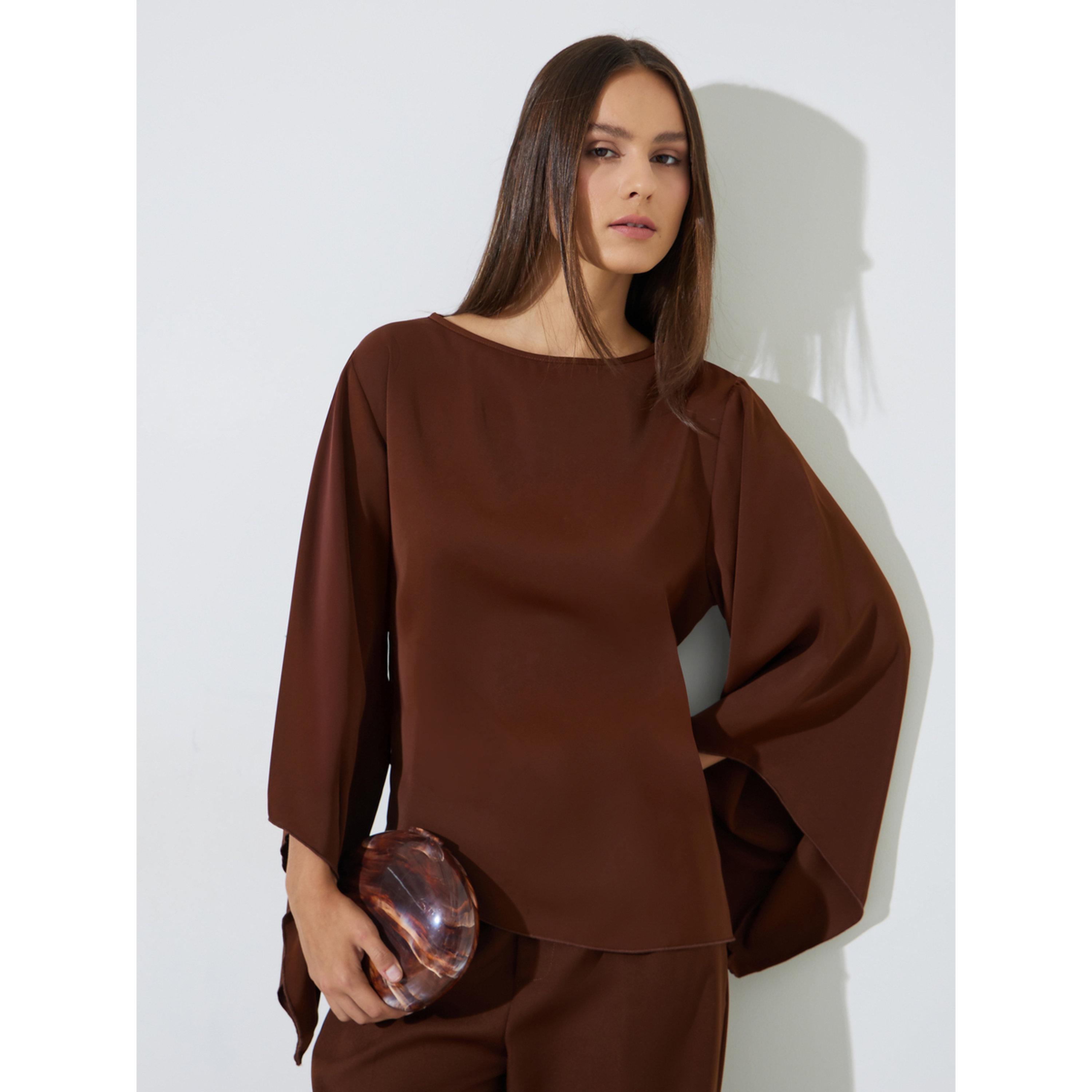 Styli Women Coffee Brown Batwing Sleeve Asymmetric Hem Blouse-women-clothing-shirtsandblouses-blouses-image-1