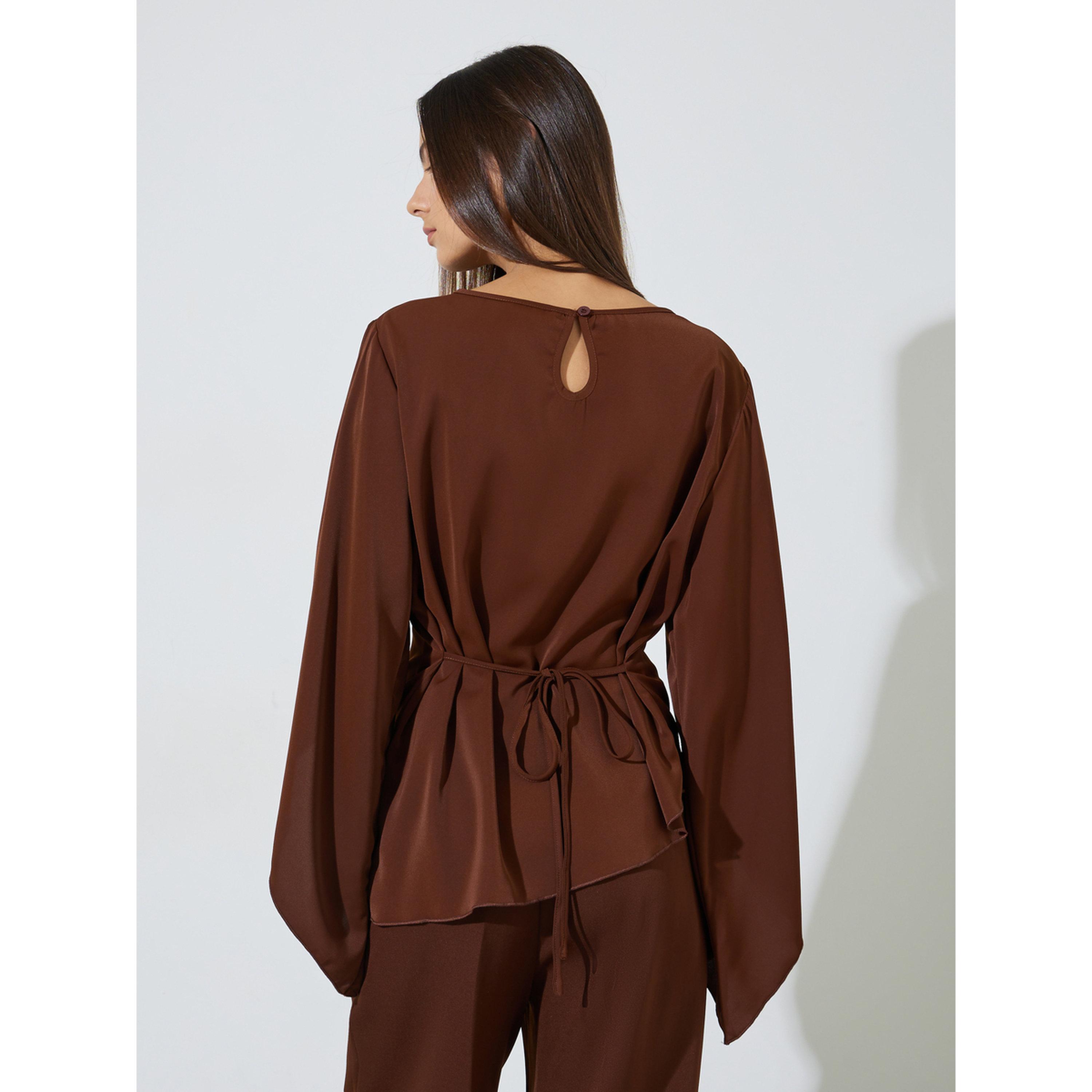 Styli Women Coffee Brown Batwing Sleeve Asymmetric Hem Blouse-women-clothing-shirtsandblouses-blouses-image-4