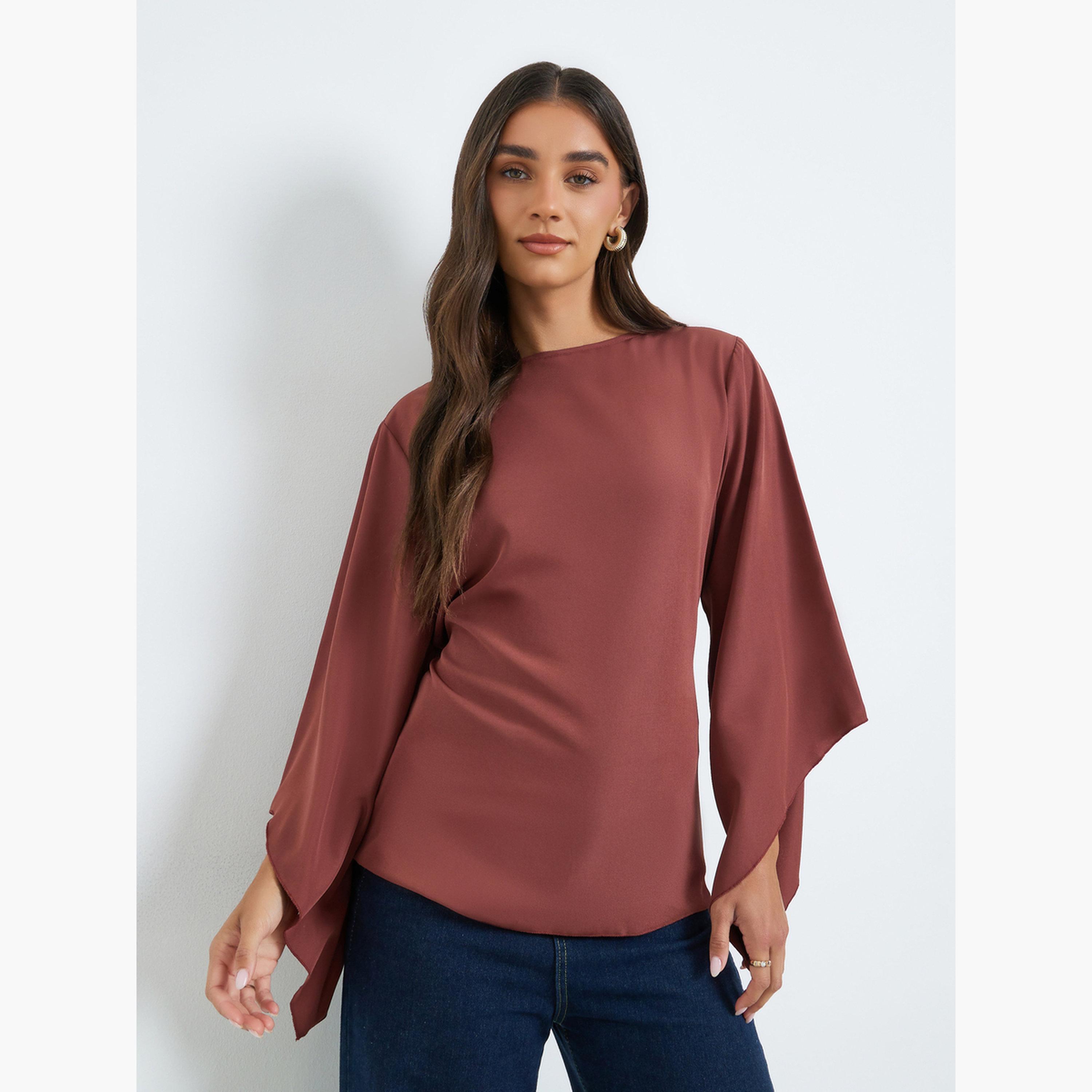 Styli Women Brown Solid Bell Sleeve Blouse-women-clothing-shirtsandblouses-blouses-image-1