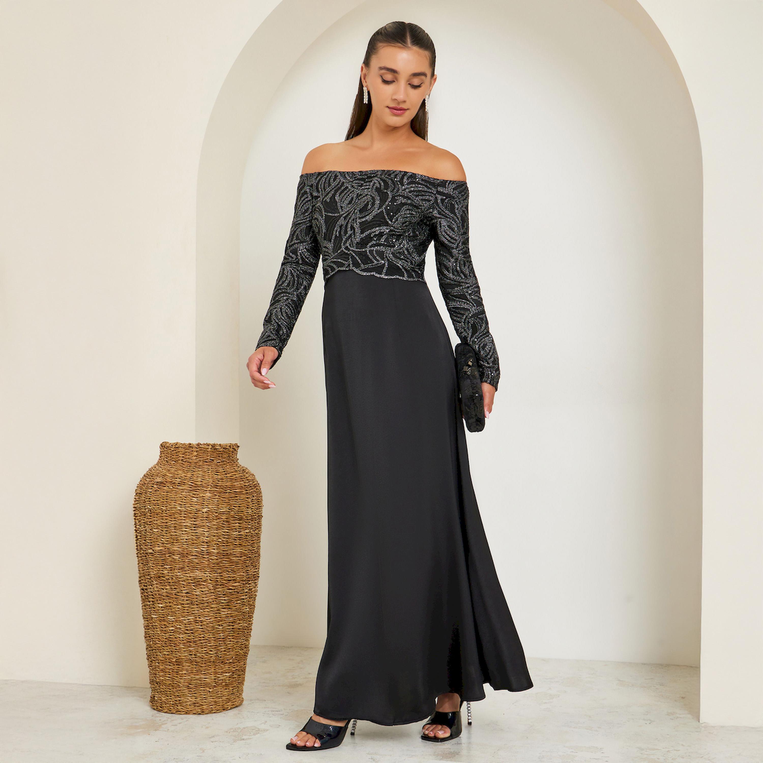 فستان حفلات طويل مزين وبأكتاف مكشوفة-women-clothing-dresses-image-1