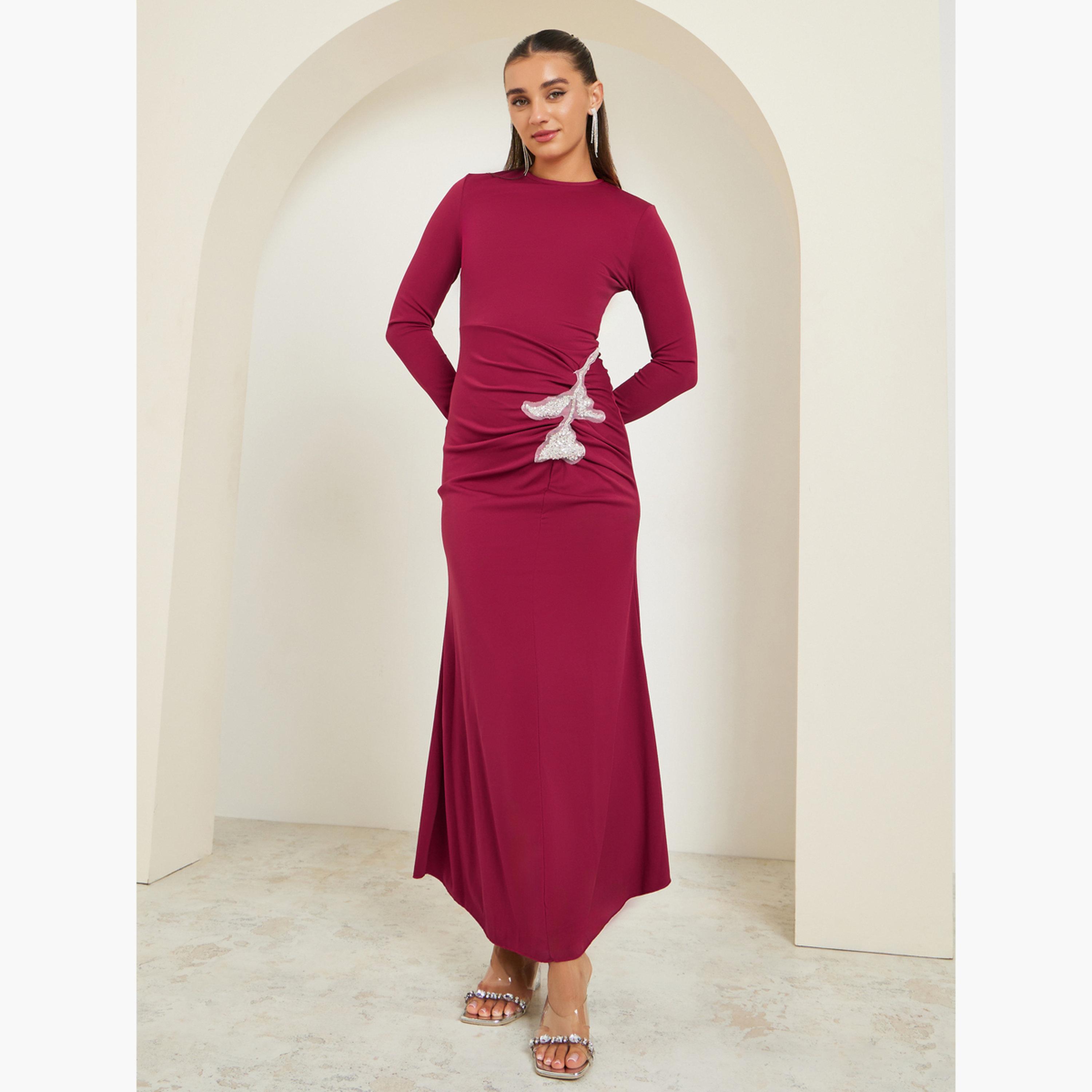 Styli Burgundy Sequined Patch Maxi Dress-women-clothing-dresses-image-1