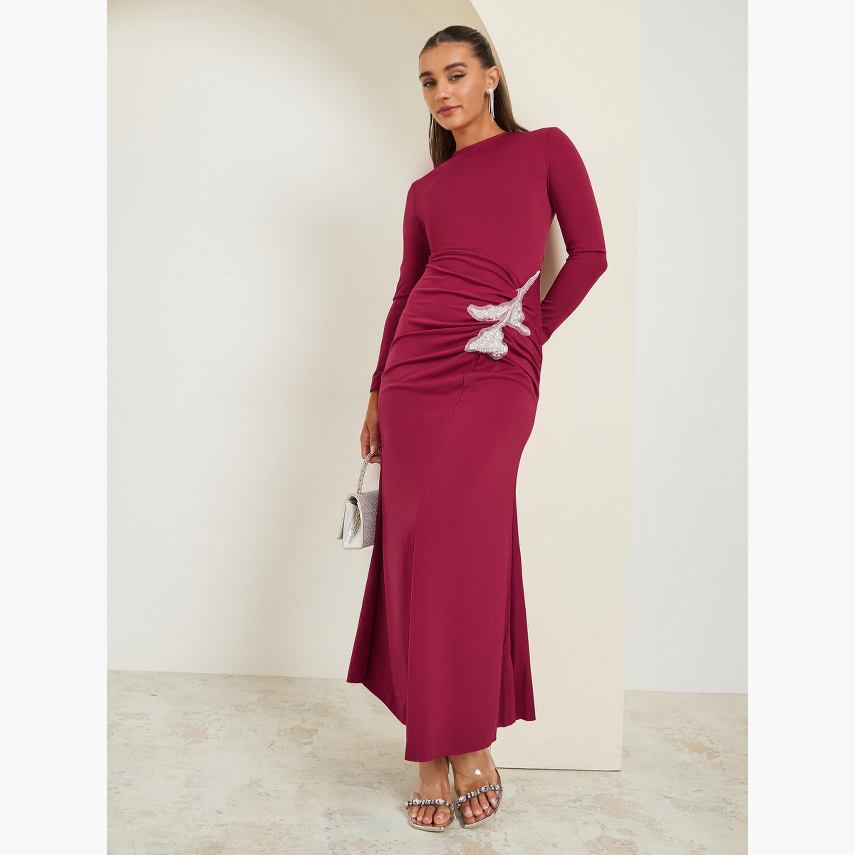 Styli Burgundy Sequined Patch Maxi Dress-women-clothing-dresses-image-2