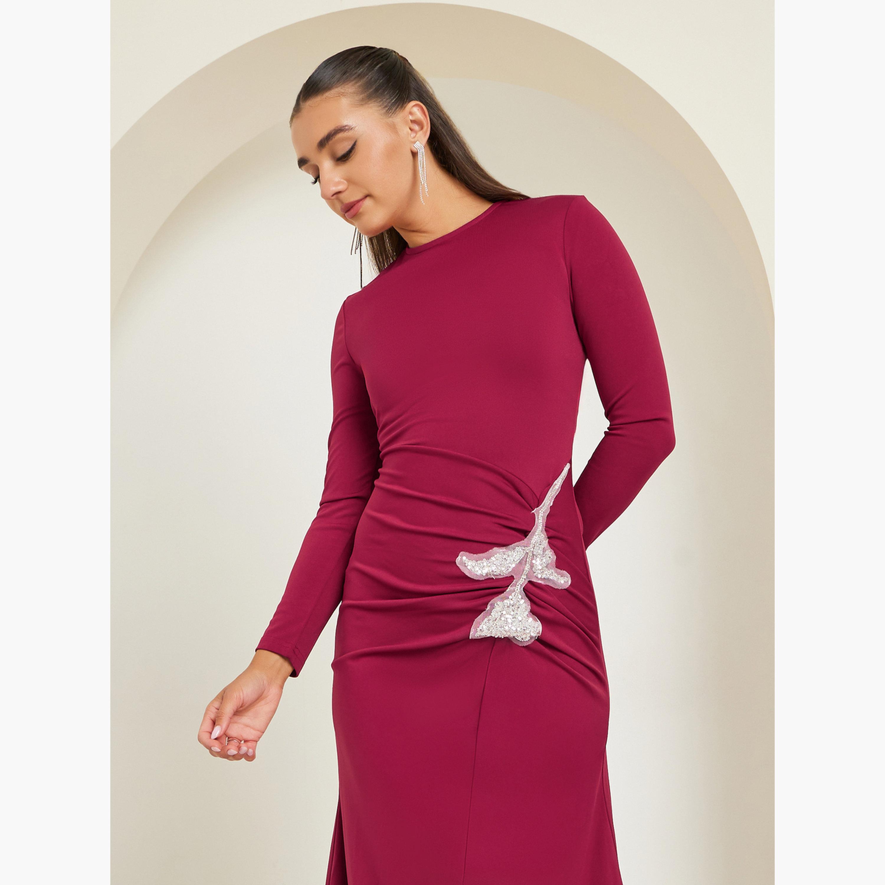 Styli Burgundy Sequined Patch Maxi Dress-women-clothing-dresses-image-4