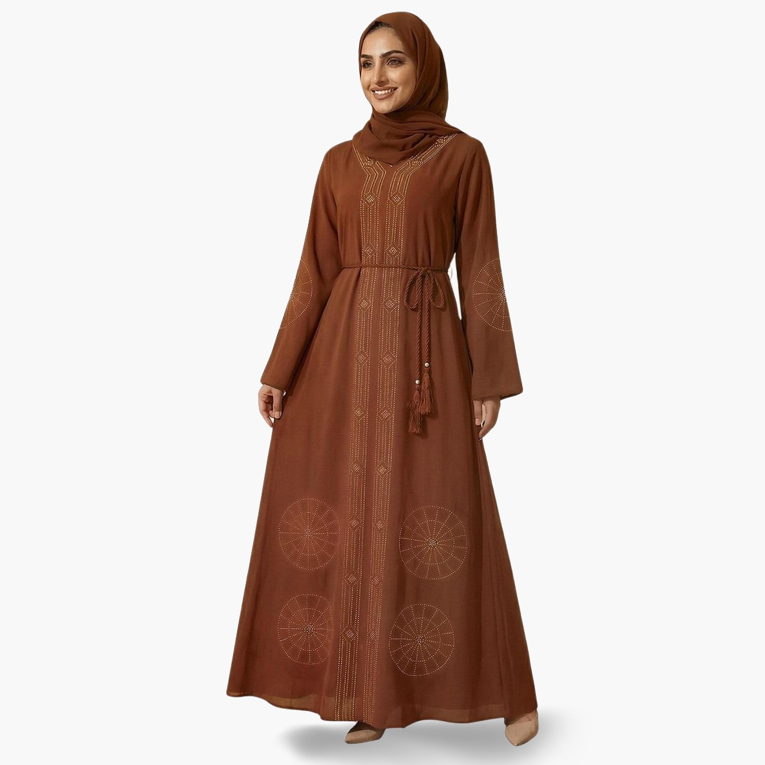 Globus X Styli Women Brown Embellished Abaya with Hijab-women-arabicclothing-abayas-image-1