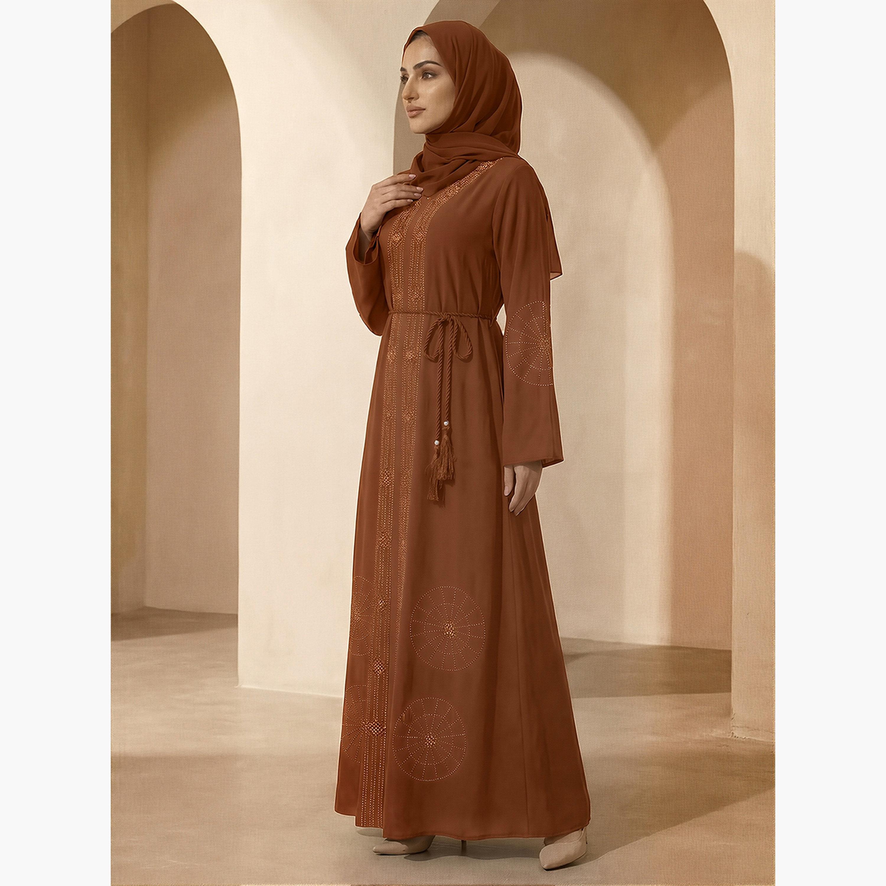 Globus X Styli Women Brown Embellished Abaya with Hijab-women-arabicclothing-abayas-image-2