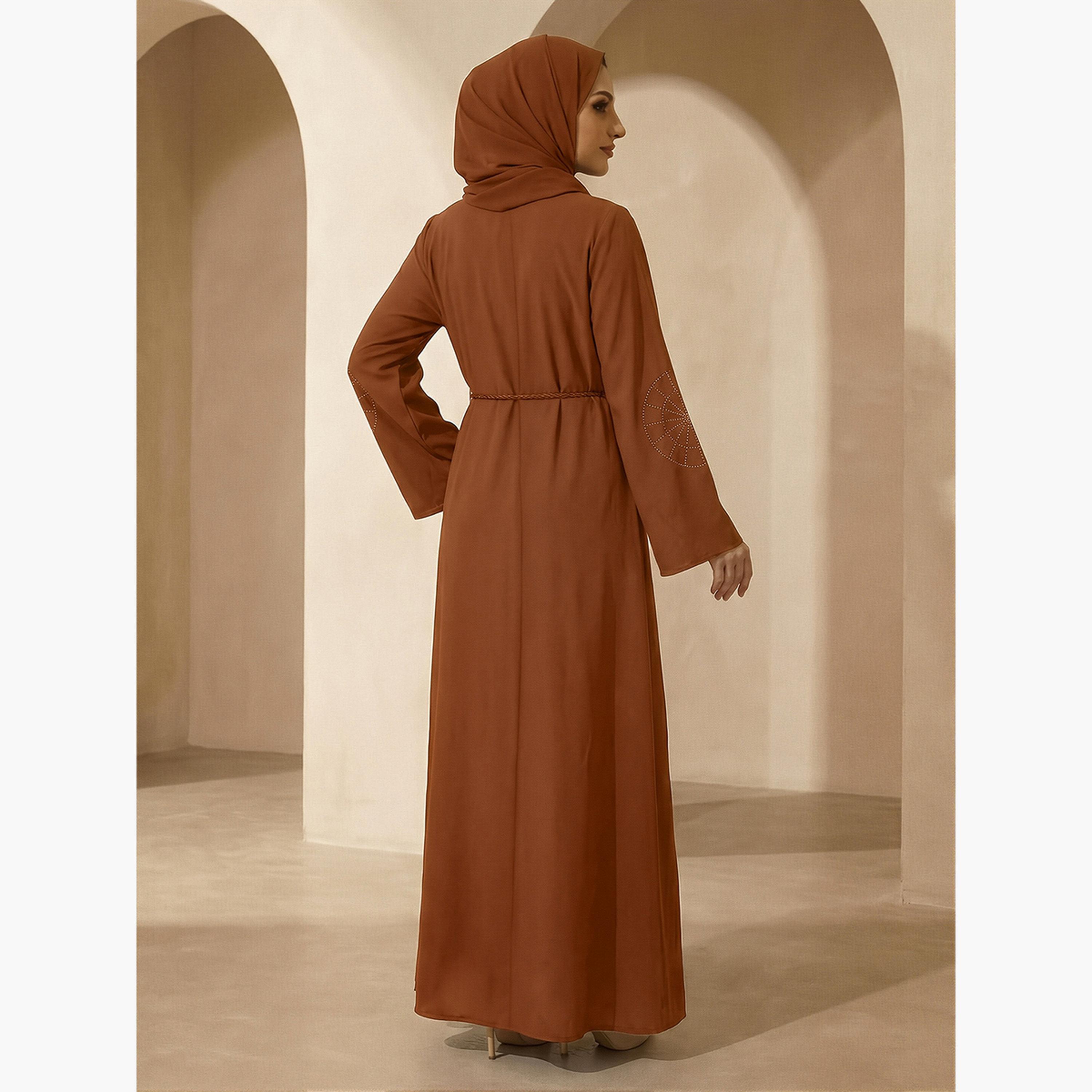 Globus X Styli Women Brown Embellished Abaya with Hijab-women-arabicclothing-abayas-image-3