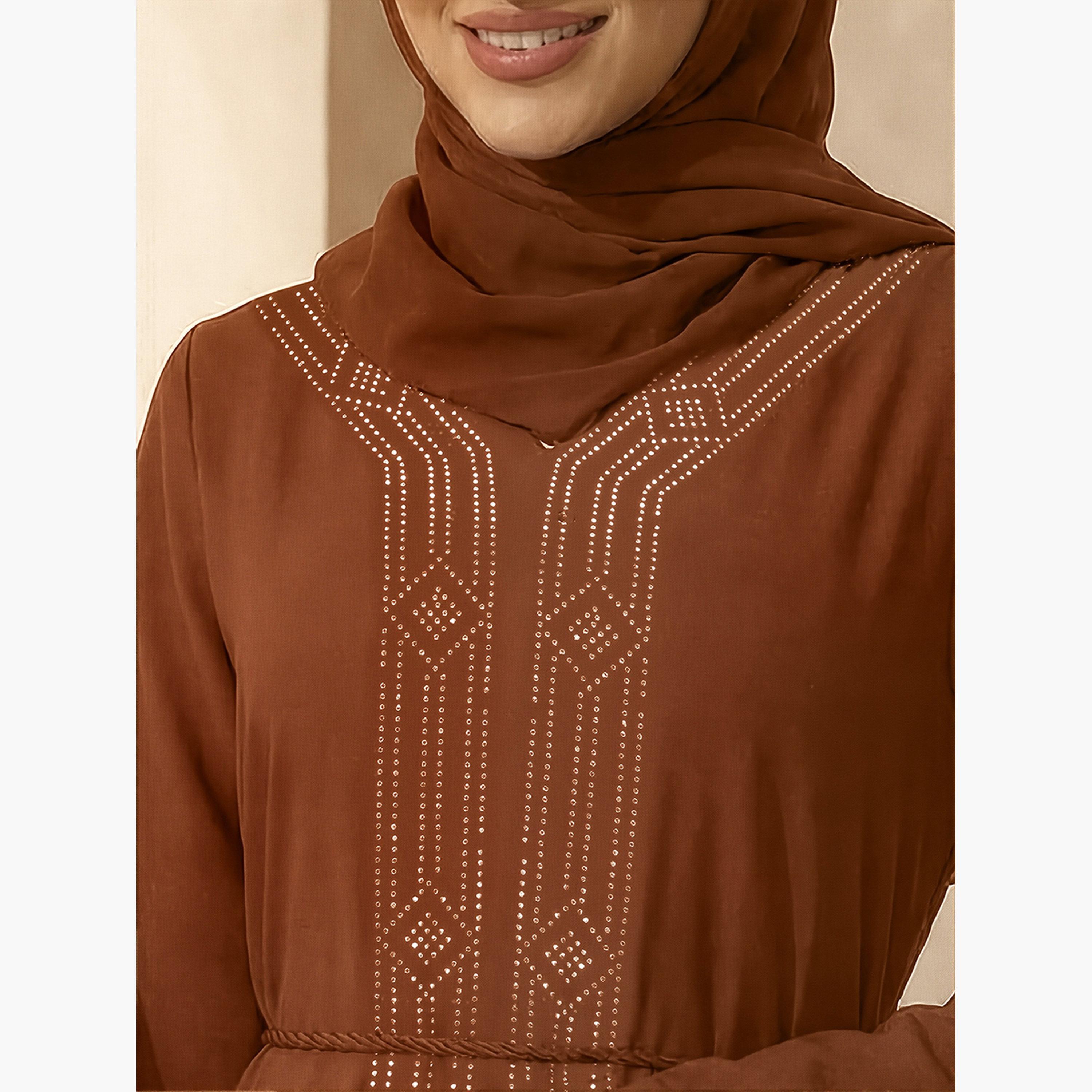 Globus X Styli Women Brown Embellished Abaya with Hijab-women-arabicclothing-abayas-image-4