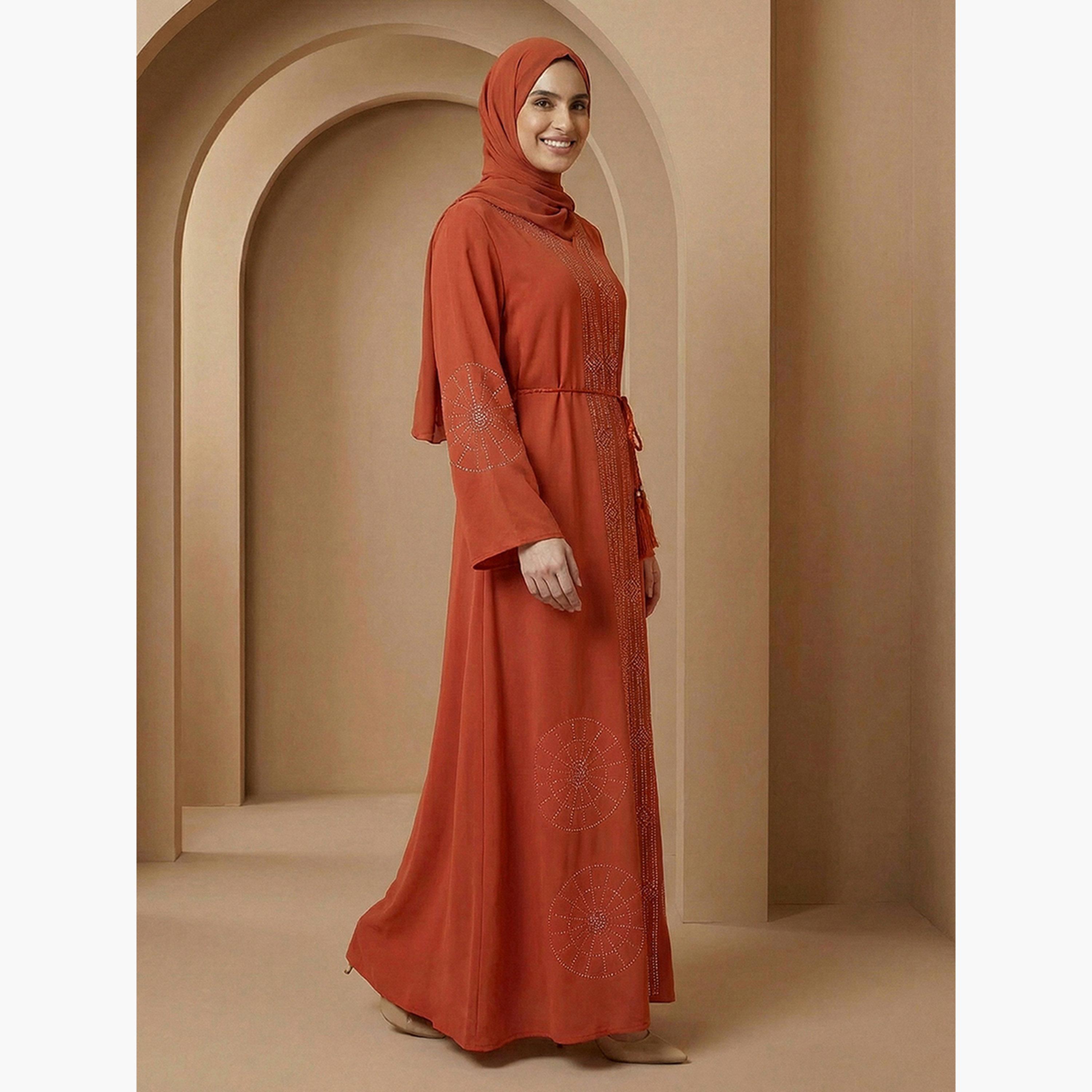 Globus X Styli Women Orange Embellished Abaya with Hijab-women-arabicclothing-abayas-image-2