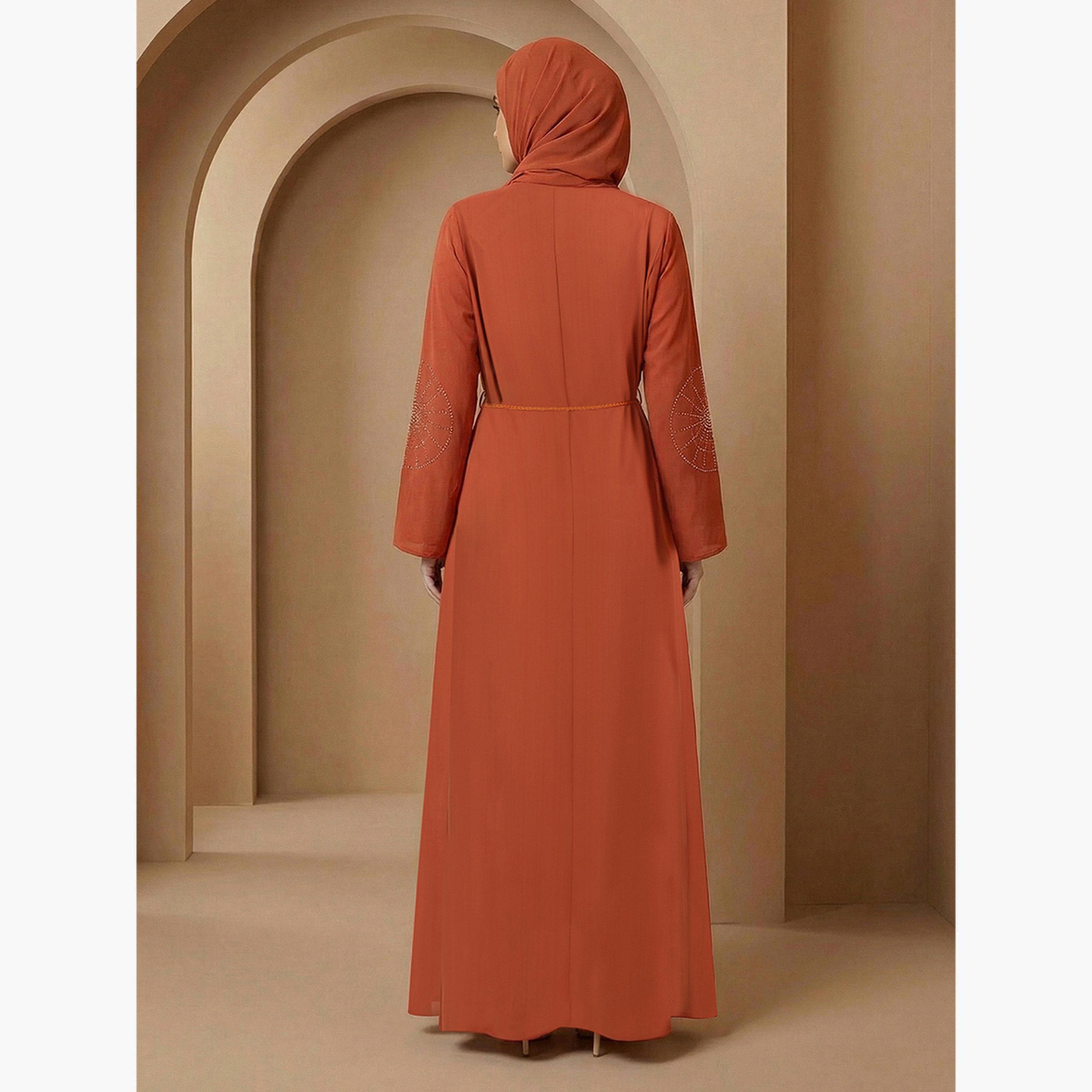 Globus X Styli Women Orange Embellished Abaya with Hijab-women-arabicclothing-abayas-image-3