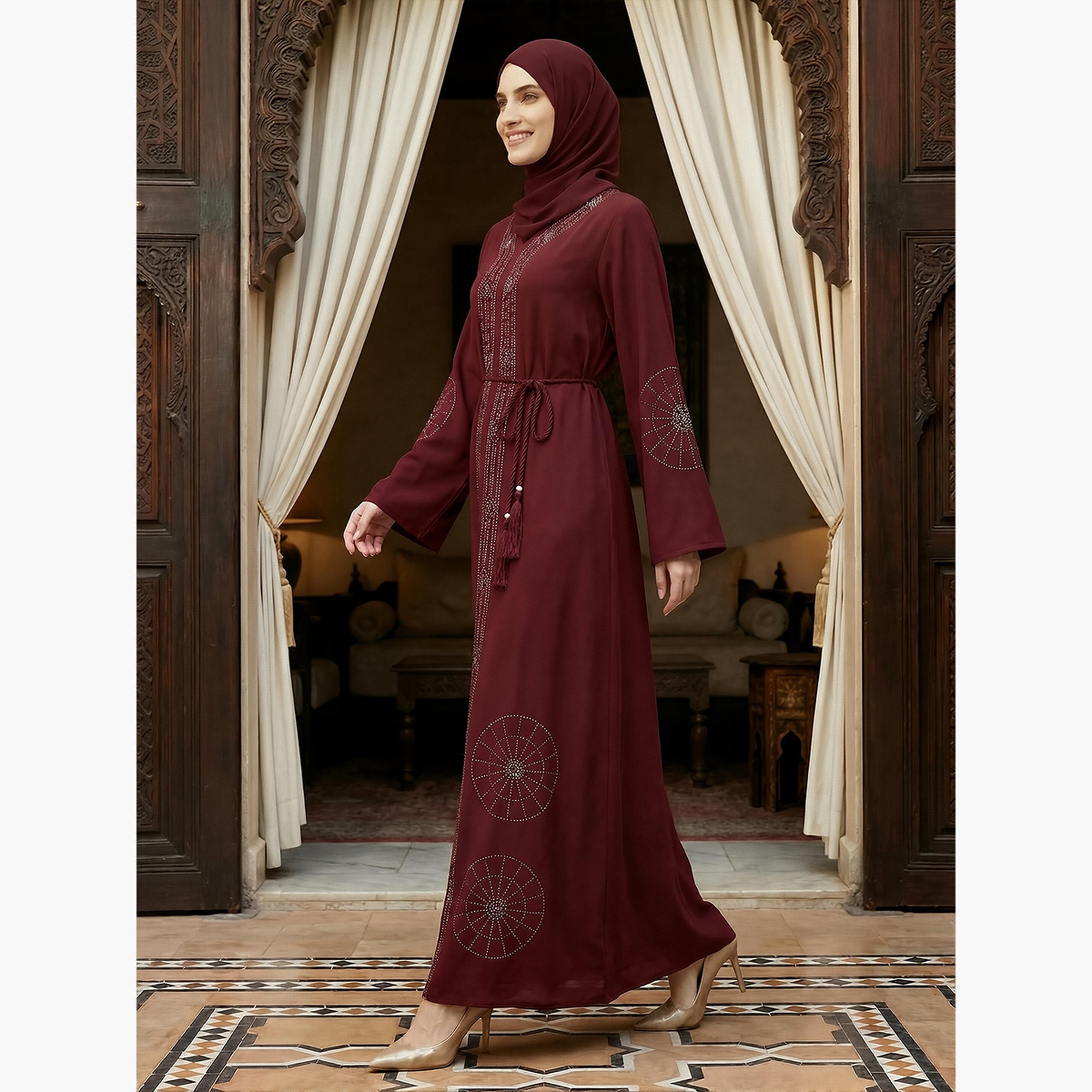 Globus X Styli Women Maroon Embellished Abaya with Hijab-women-arabicclothing-abayas-image-2