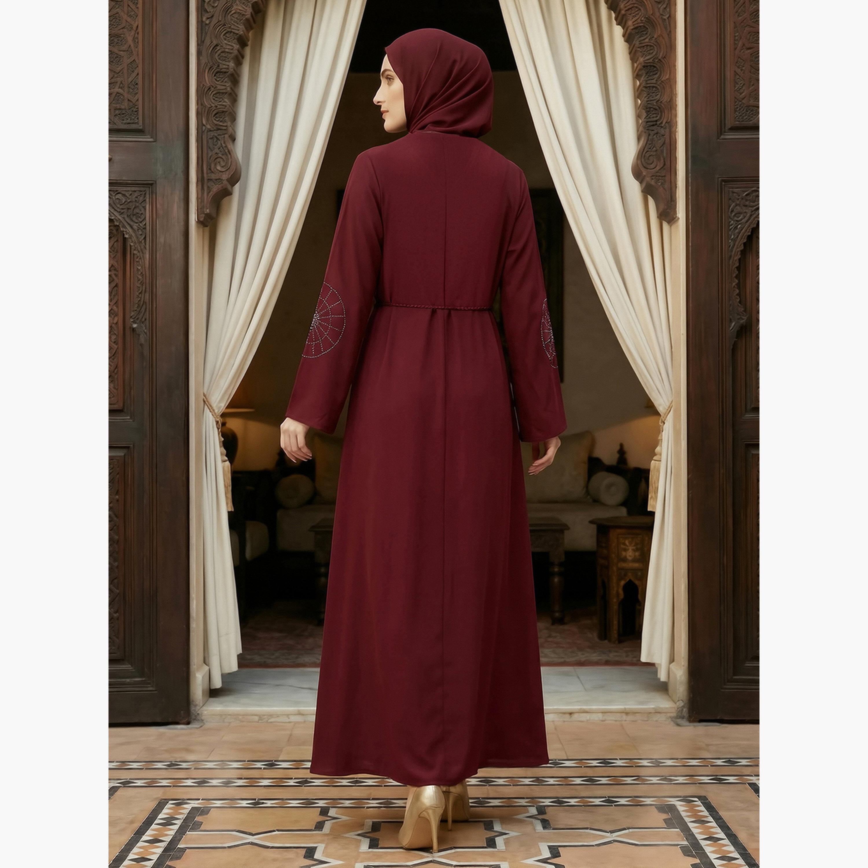 Globus X Styli Women Maroon Embellished Abaya with Hijab-women-arabicclothing-abayas-image-3