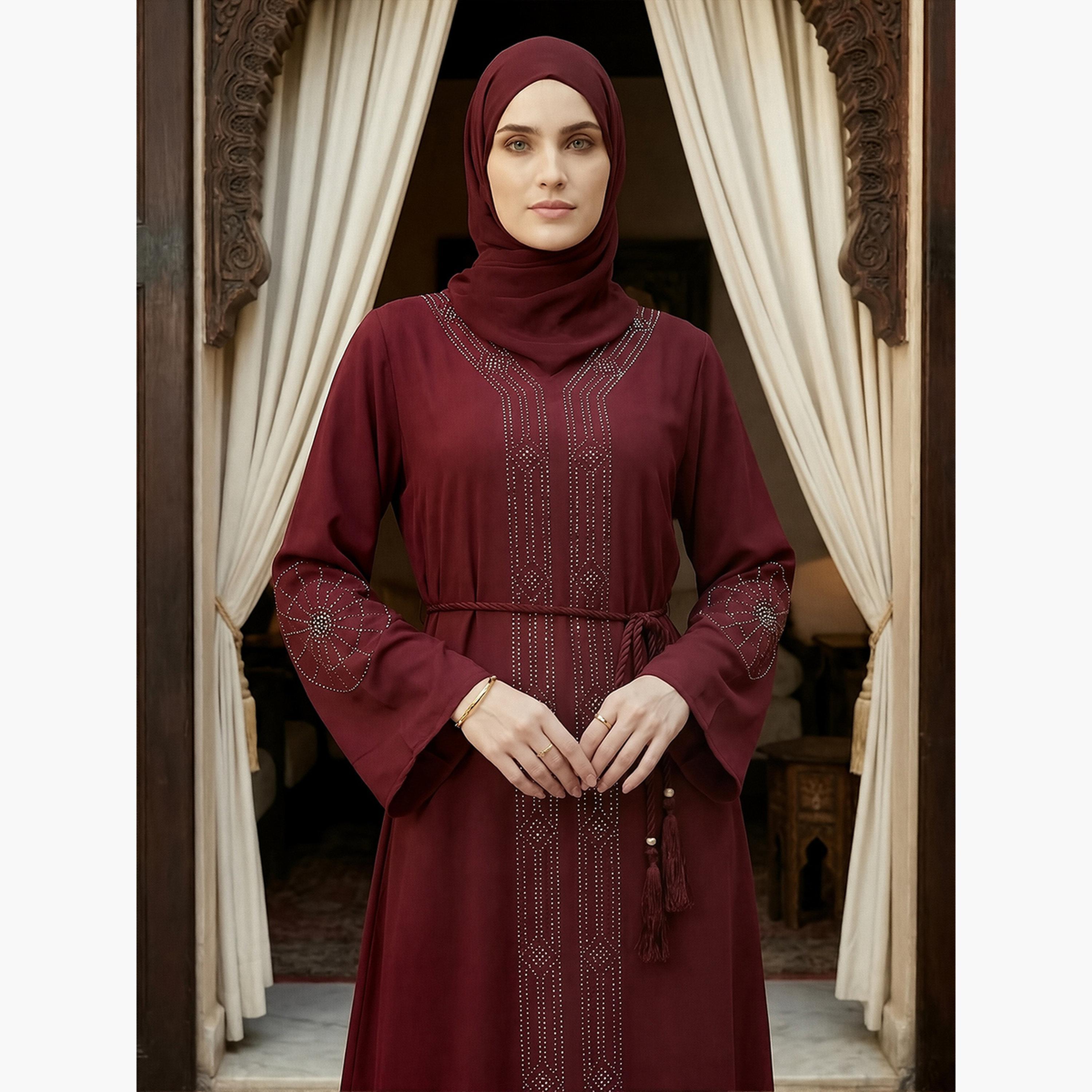 Globus X Styli Women Maroon Embellished Abaya with Hijab-women-arabicclothing-abayas-image-4