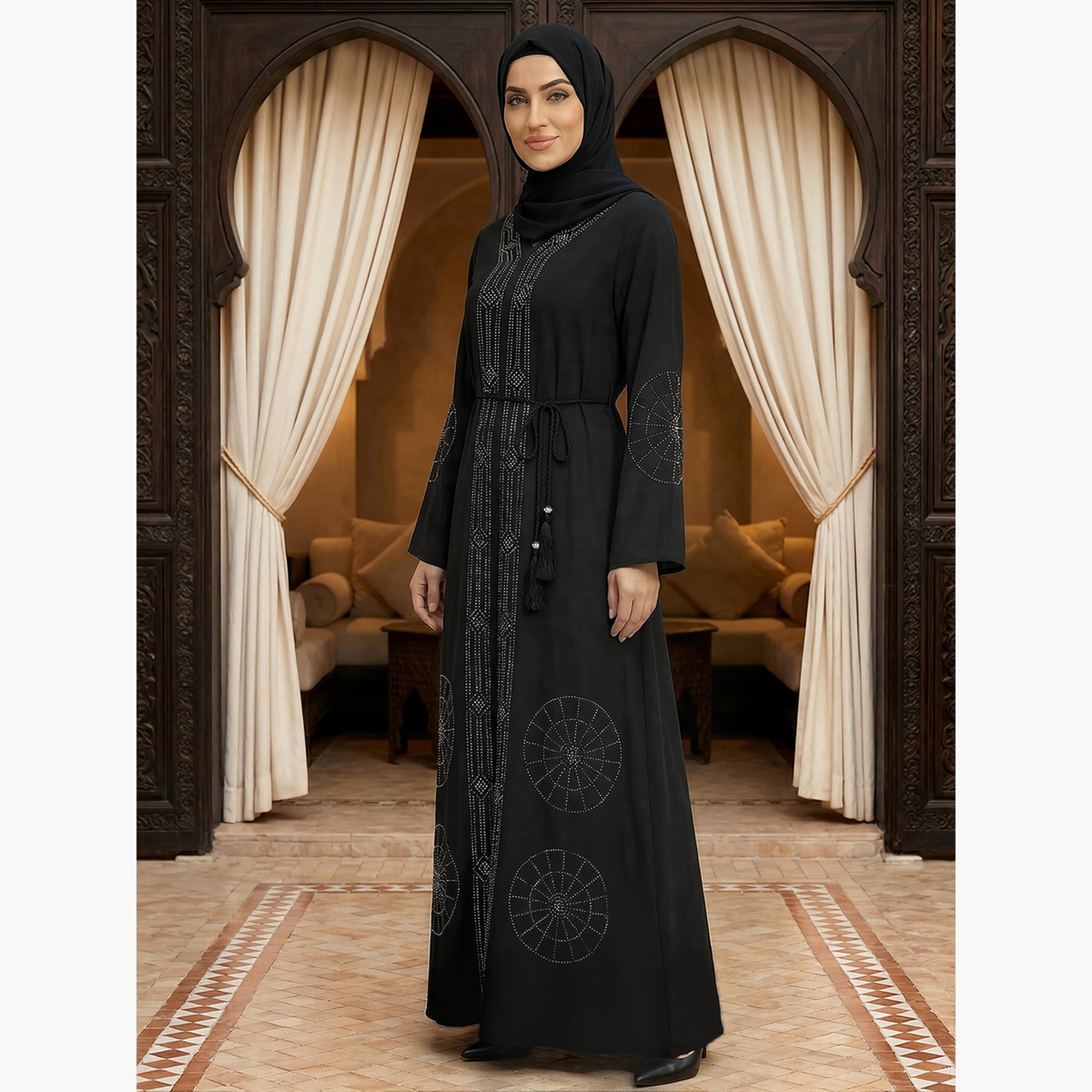 Globus X Styli Women Black Embellished Abaya with Hijab-women-arabicclothing-abayas-image-2