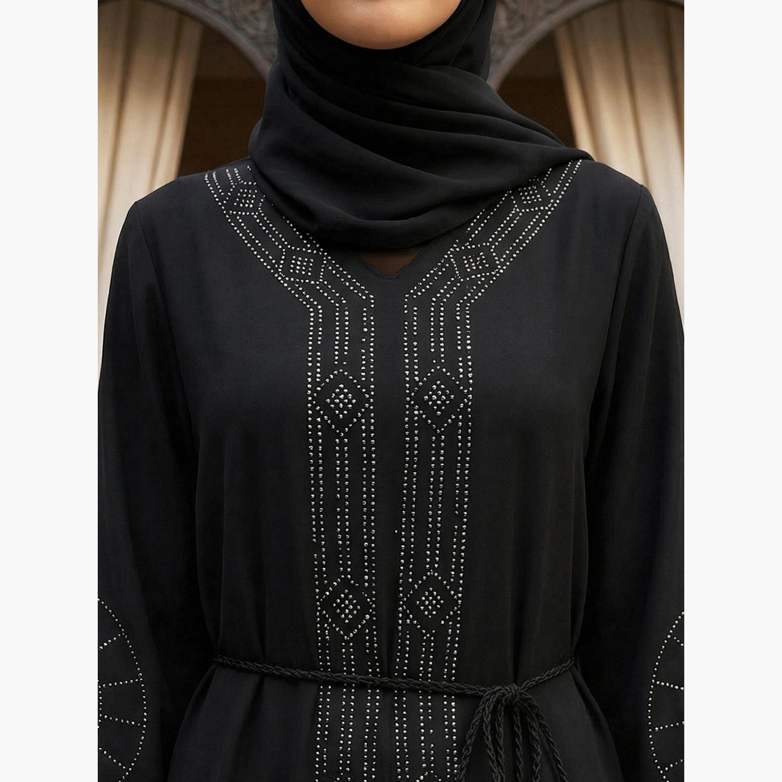 Globus X Styli Women Black Embellished Abaya with Hijab-women-arabicclothing-abayas-image-5
