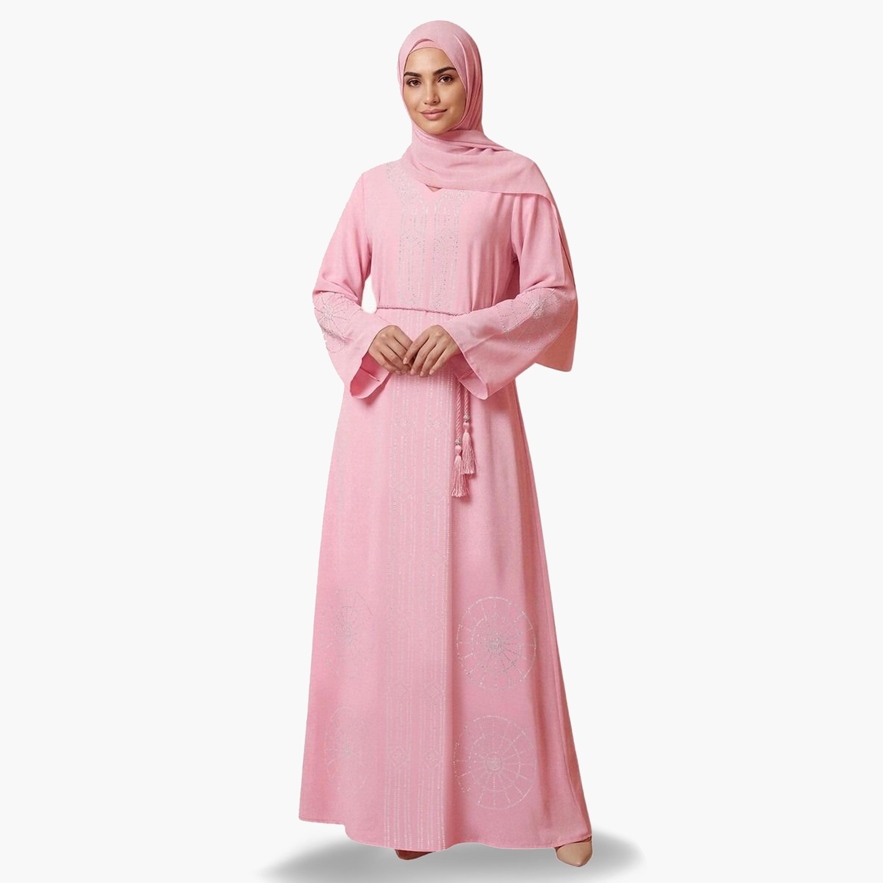 Globus X Styli Women Pink Embellished Abaya with Hijab-women-arabicclothing-abayas-image-1