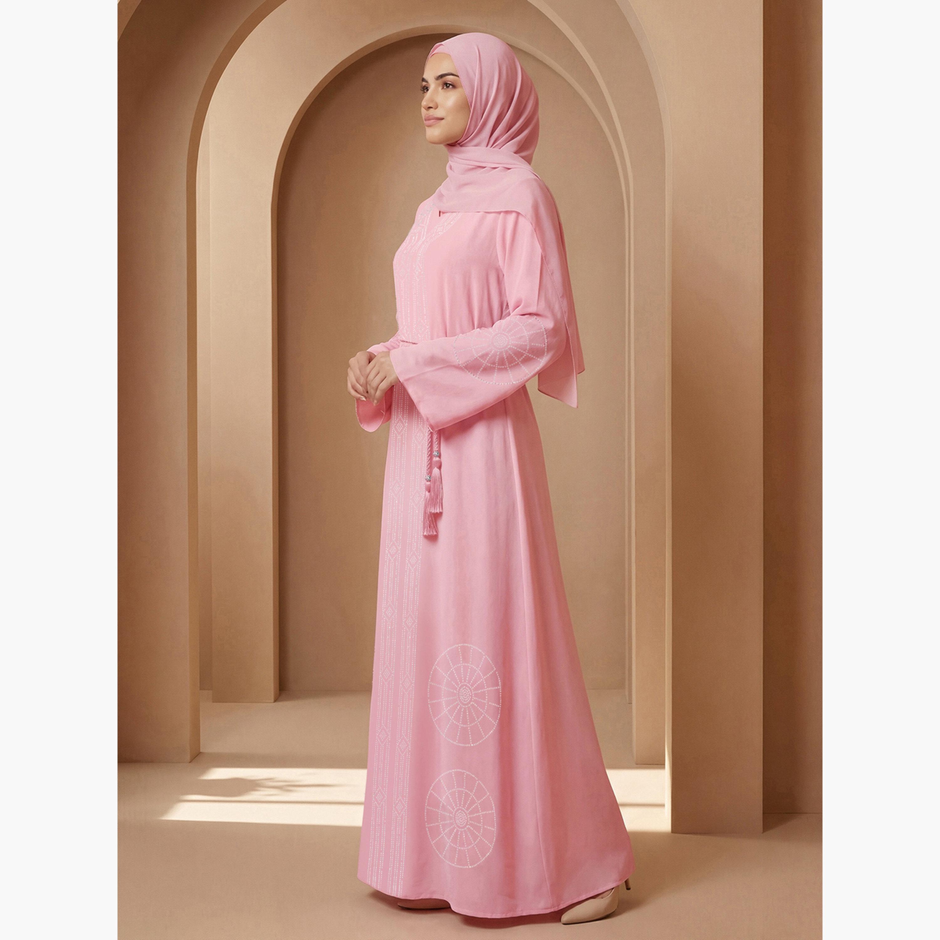 Globus X Styli Women Pink Embellished Abaya with Hijab-women-arabicclothing-abayas-image-2