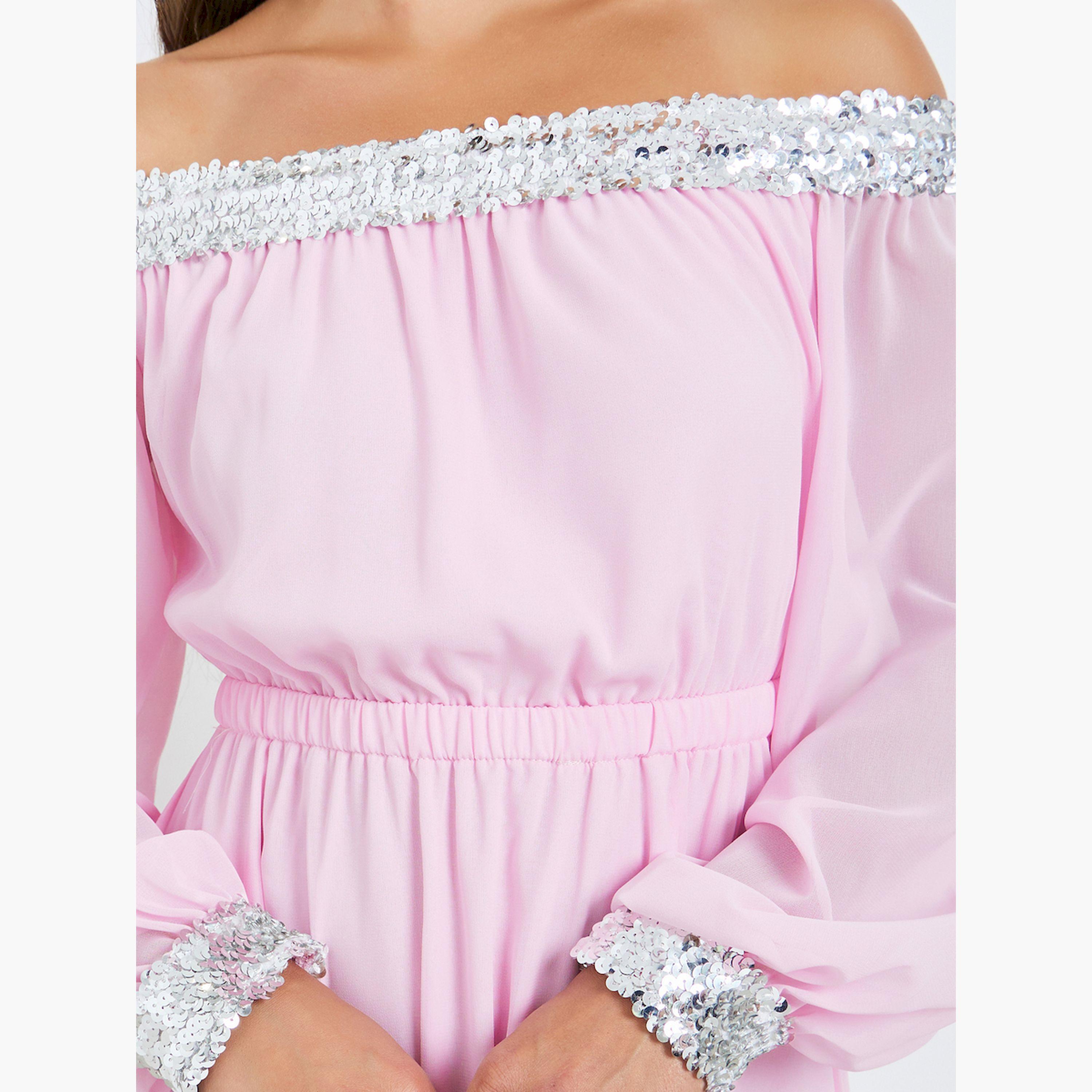 Buy Styli Women Pink Sequined Off-Shoulder Maxi Dress Online ...