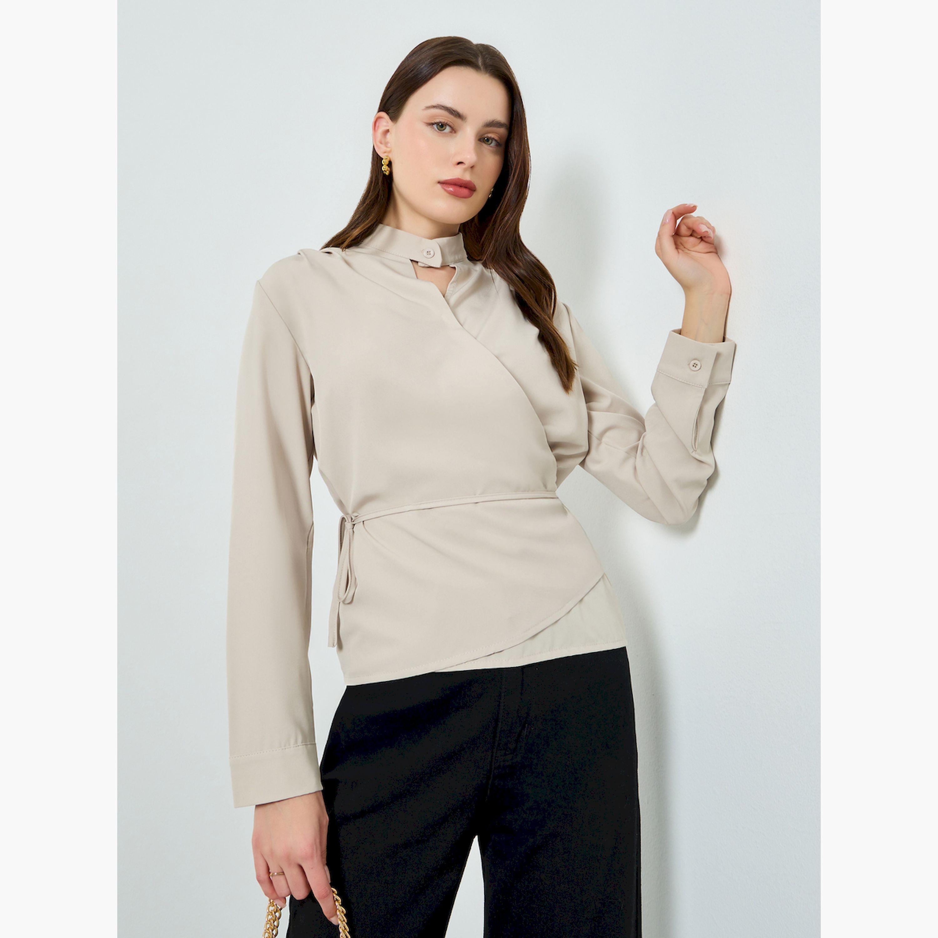 بلوزة بنمط لف وتفاصيل رباط خصر-women-clothing-shirtsandblouses-blouses-image-1