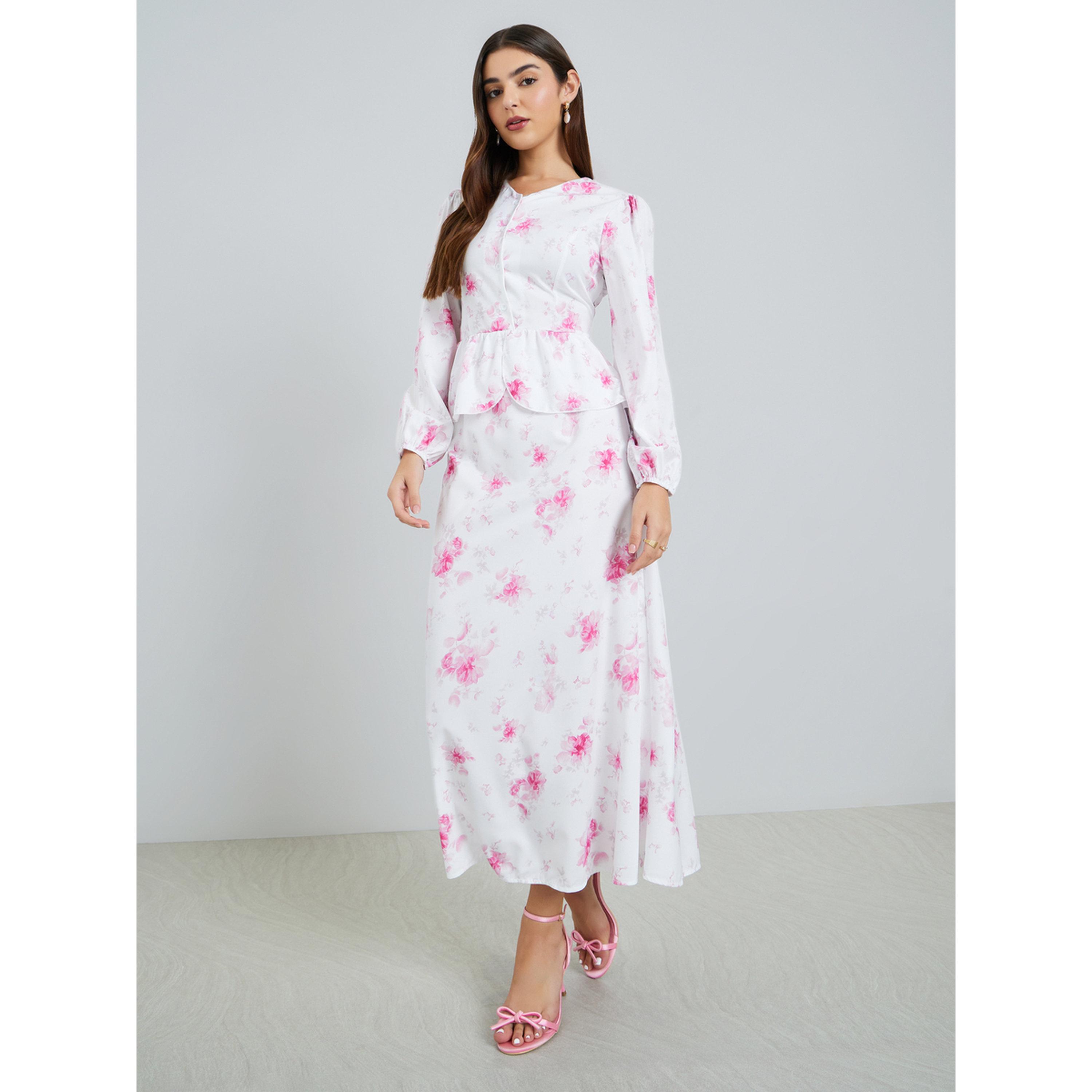 Styli Women White Floral Print Ruffle Trim Midi Dress-women-clothing-dresses-image-1