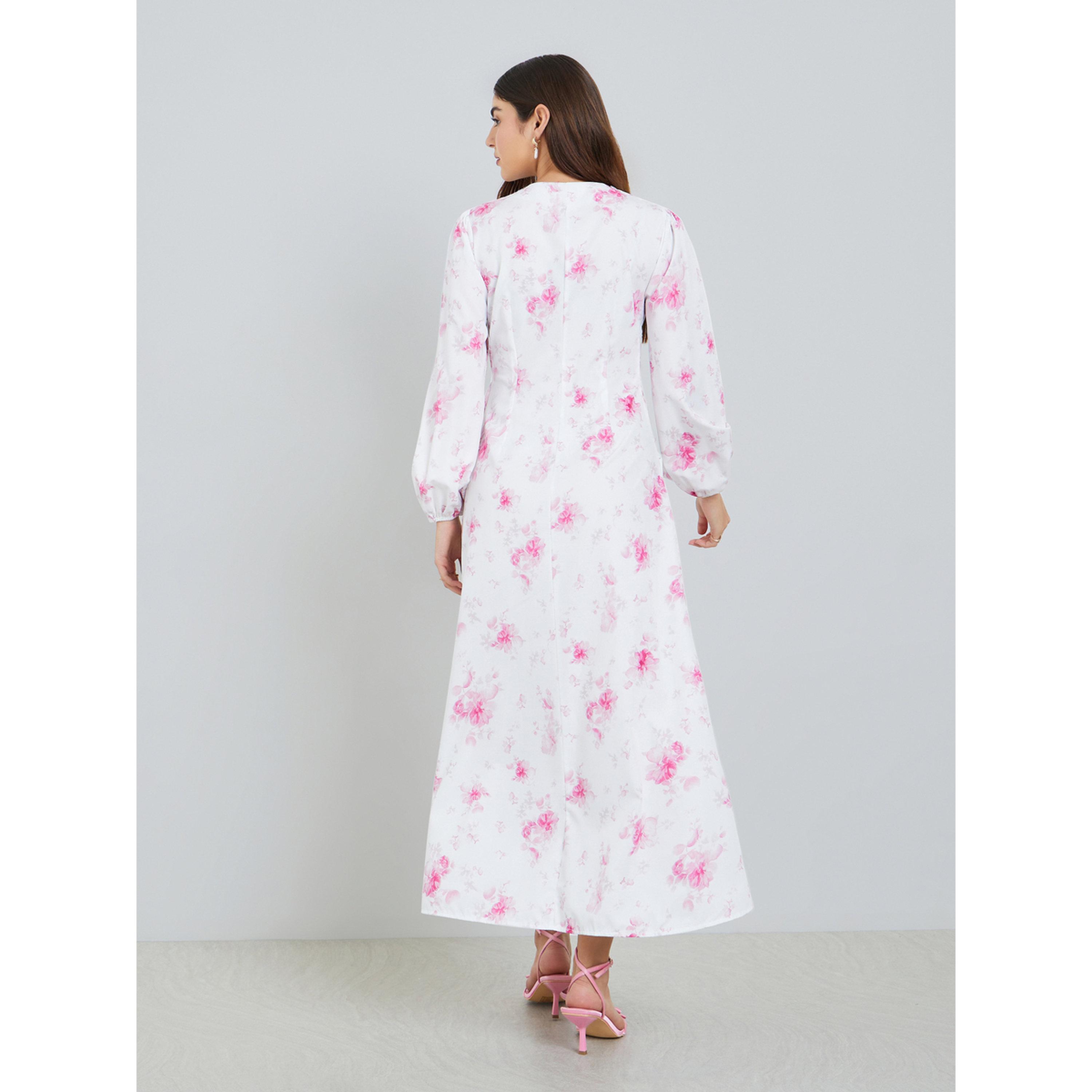 Styli Women White Floral Print Ruffle Trim Midi Dress-women-clothing-dresses-image-4