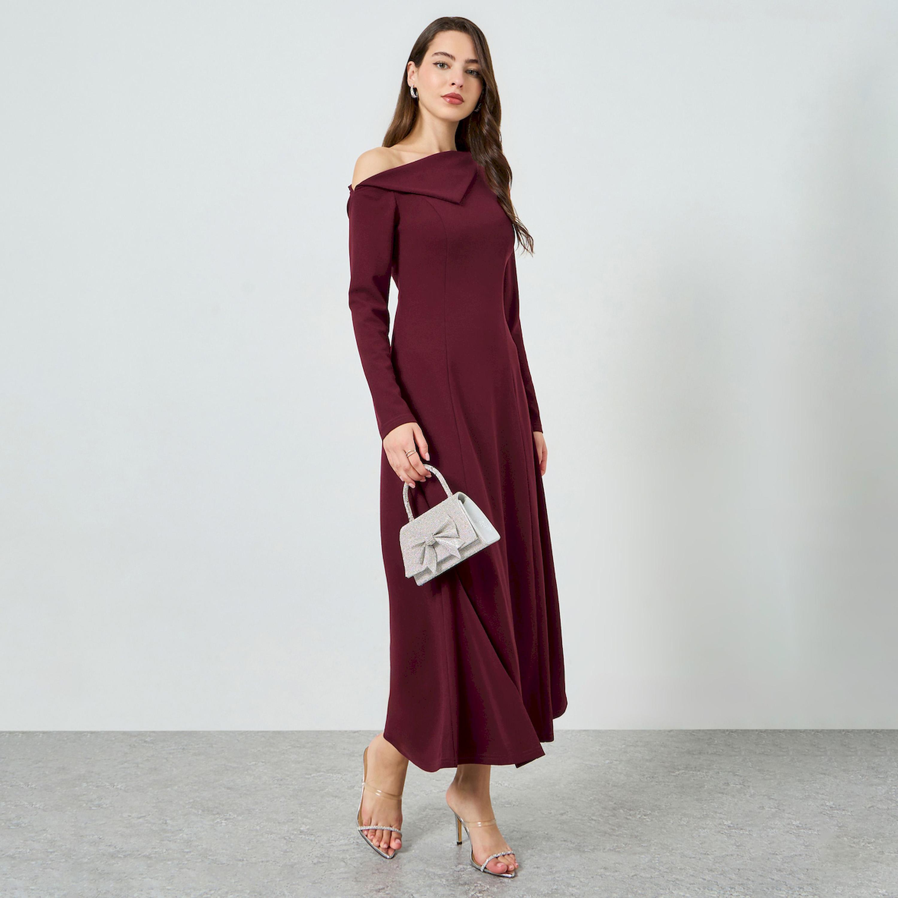 Styli Burgundy Asymmetric Neck Maxi Dress-women-clothing-dresses-image-1