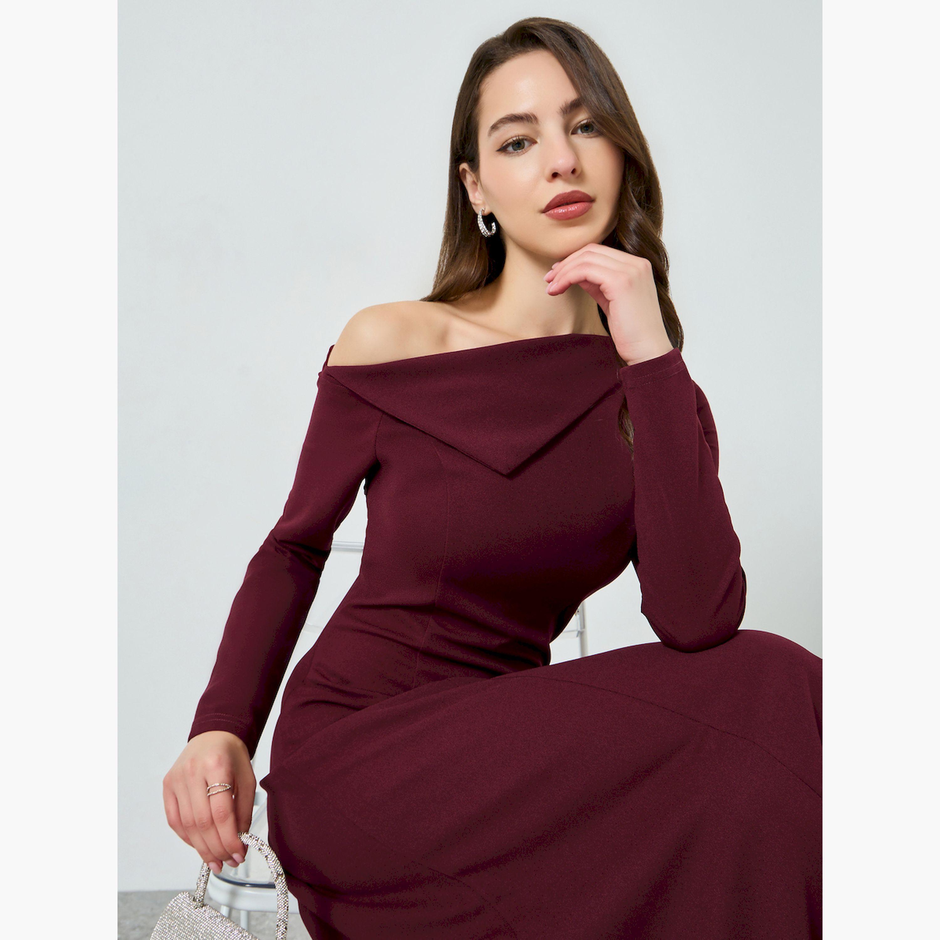 فستان طويل بياقة غير متماثلة الطول-women-clothing-dresses-image-2