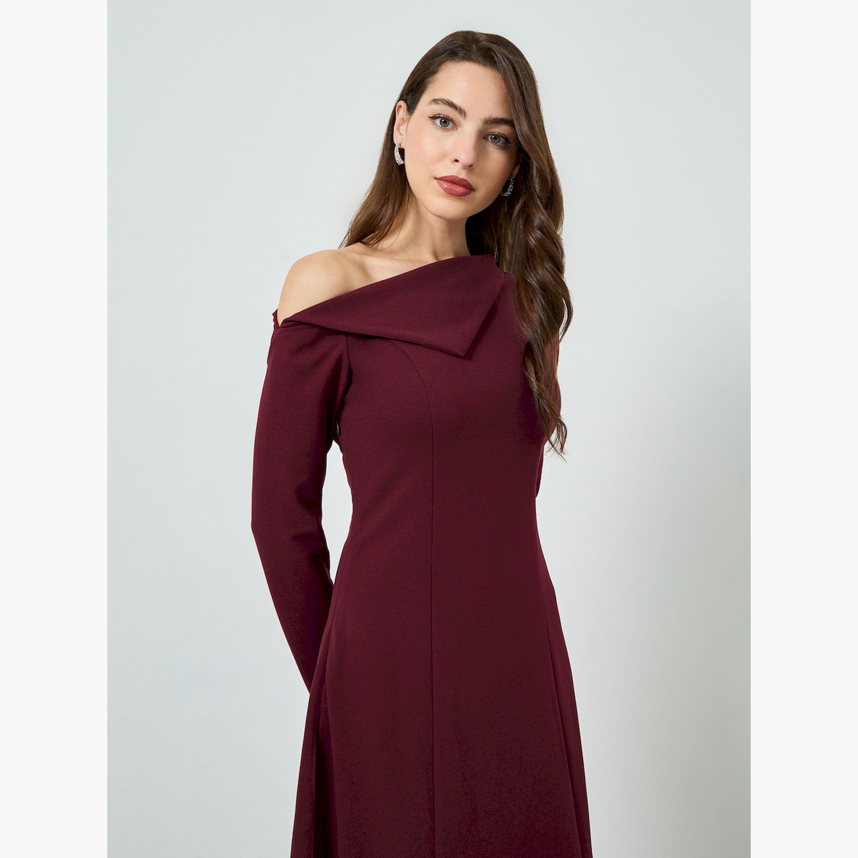 Styli Burgundy Asymmetric Neck Maxi Dress-women-clothing-dresses-image-3