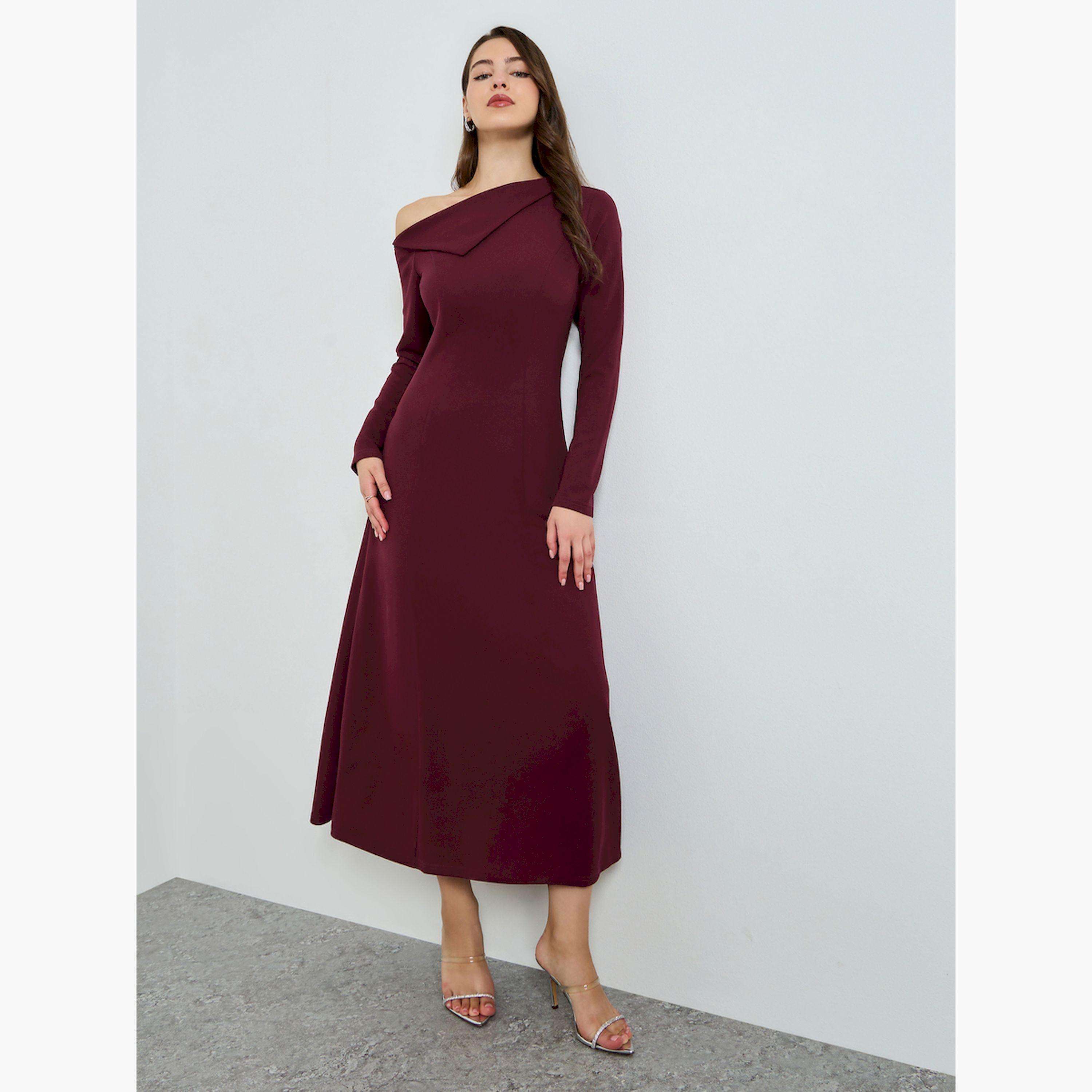 Styli Burgundy Asymmetric Neck Maxi Dress-women-clothing-dresses-image-4