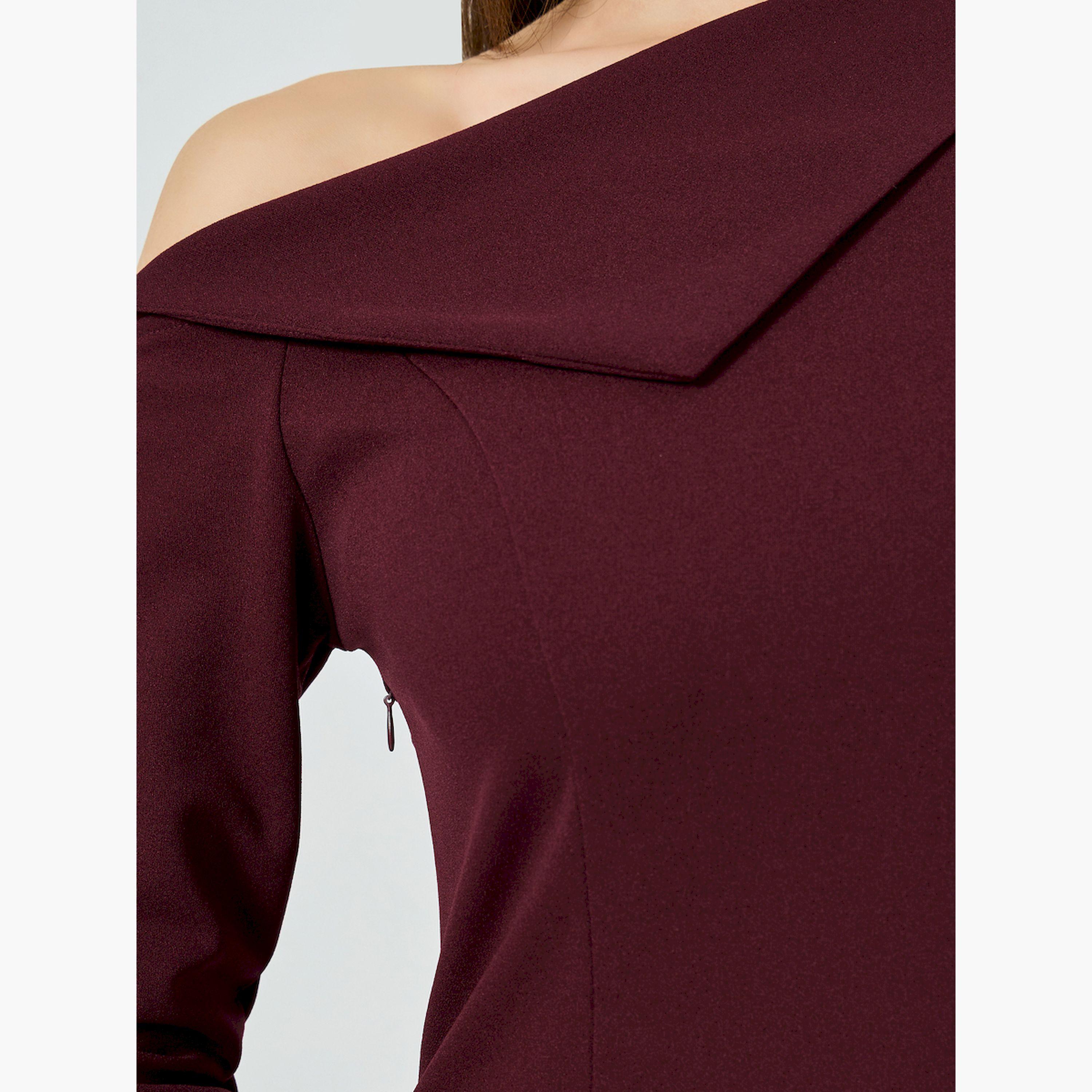 Styli Burgundy Asymmetric Neck Maxi Dress-women-clothing-dresses-image-6