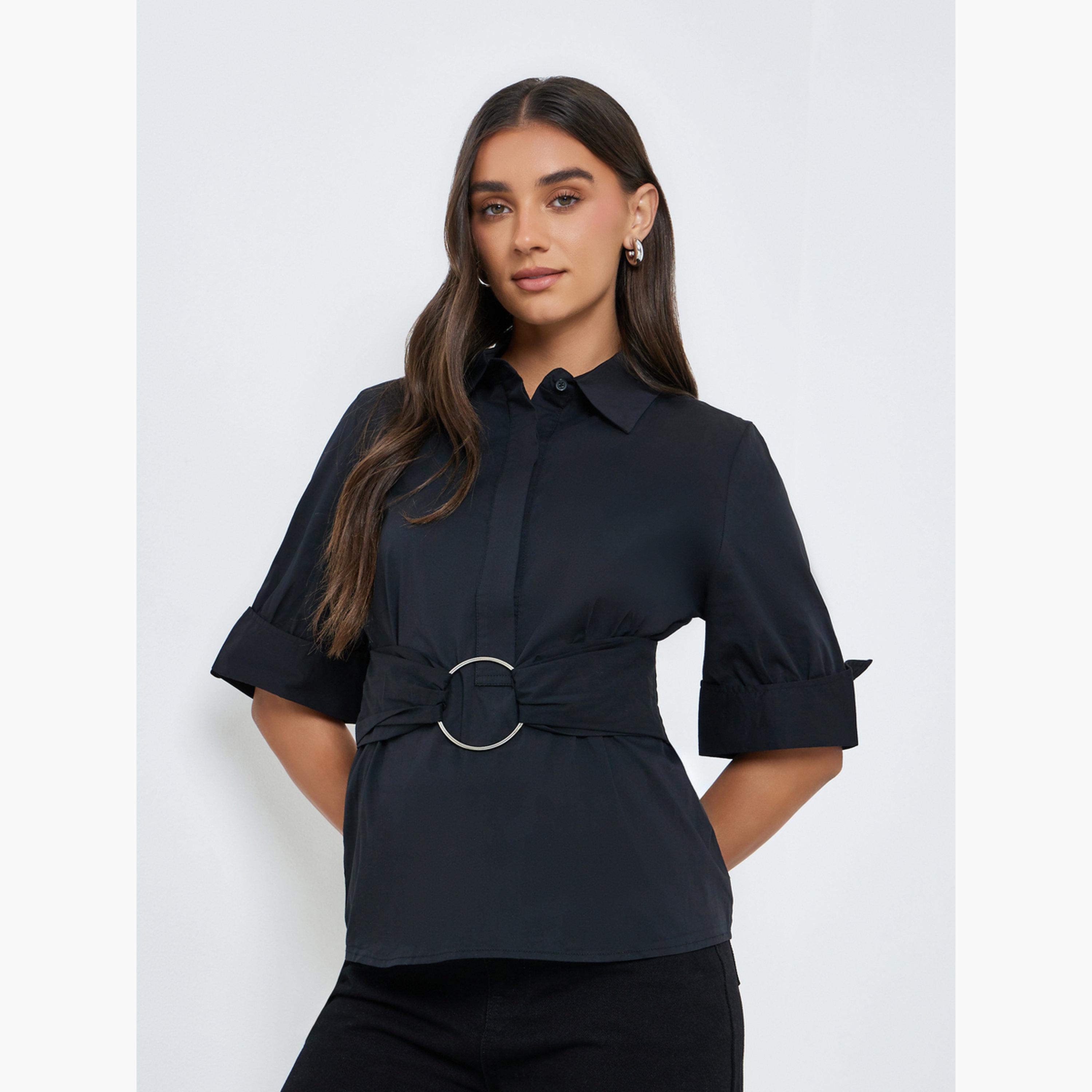 Styli Women Black Belted Short Sleeve Blouse-women-clothing-shirtsandblouses-blouses-image-1